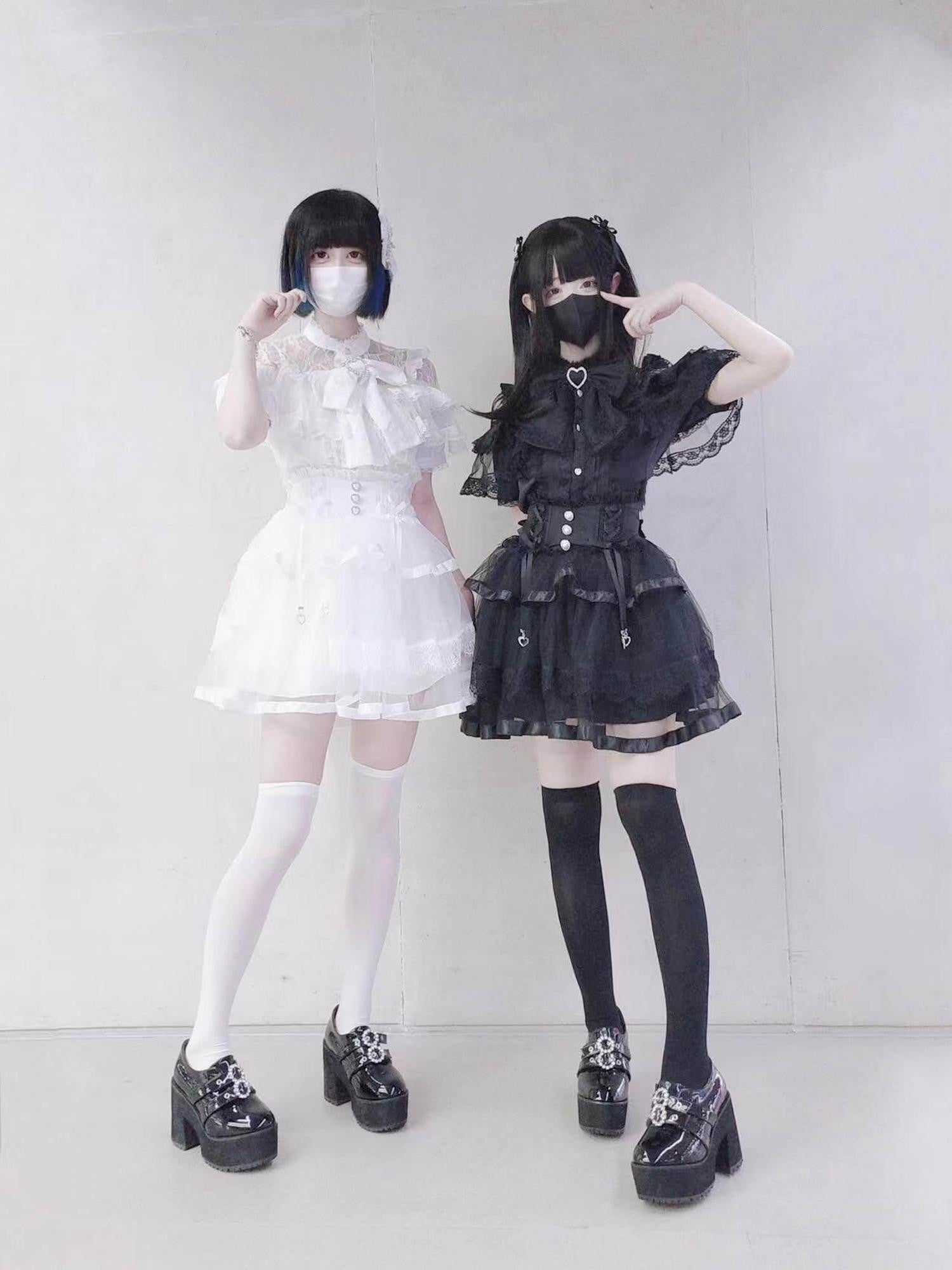 Virtual Paradise Lace Bow Heavy Embellishment Japanese Straight Women's Long Sleeve Blouses