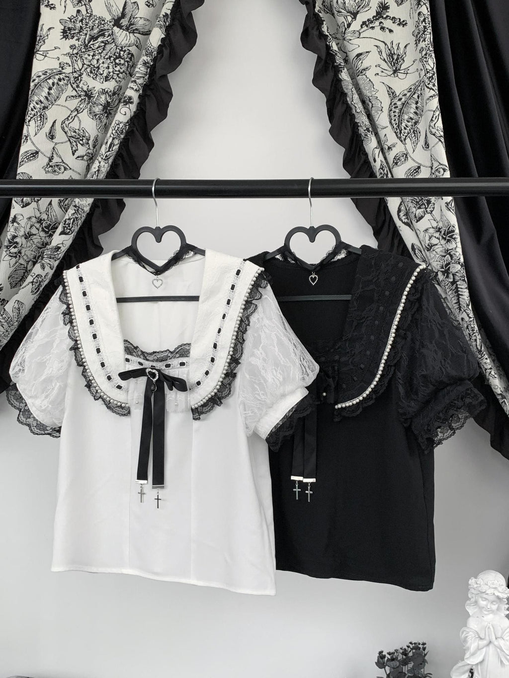Virtual Paradise Lace Trim Sailor Collar Bow Loose Women's Short Sleeve Blouses