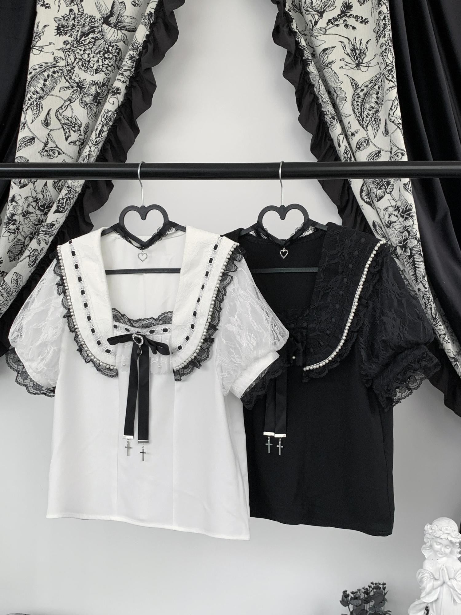Virtual Paradise Lace Trim Sailor Collar Bow Loose Women's Short Sleeve Blouses