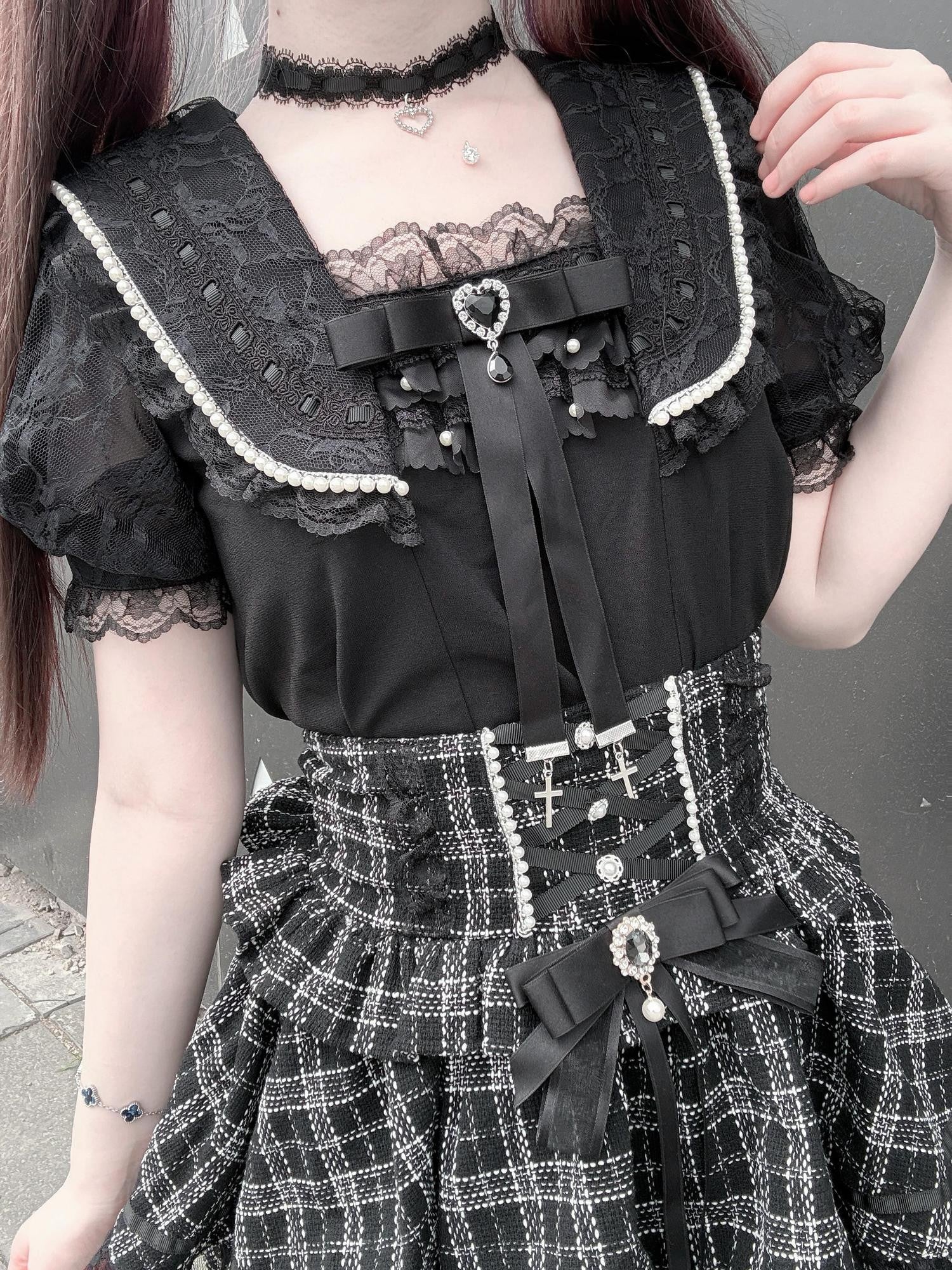 Virtual Paradise Lace Trim Sailor Collar Bow Loose Women's Short Sleeve Blouses
