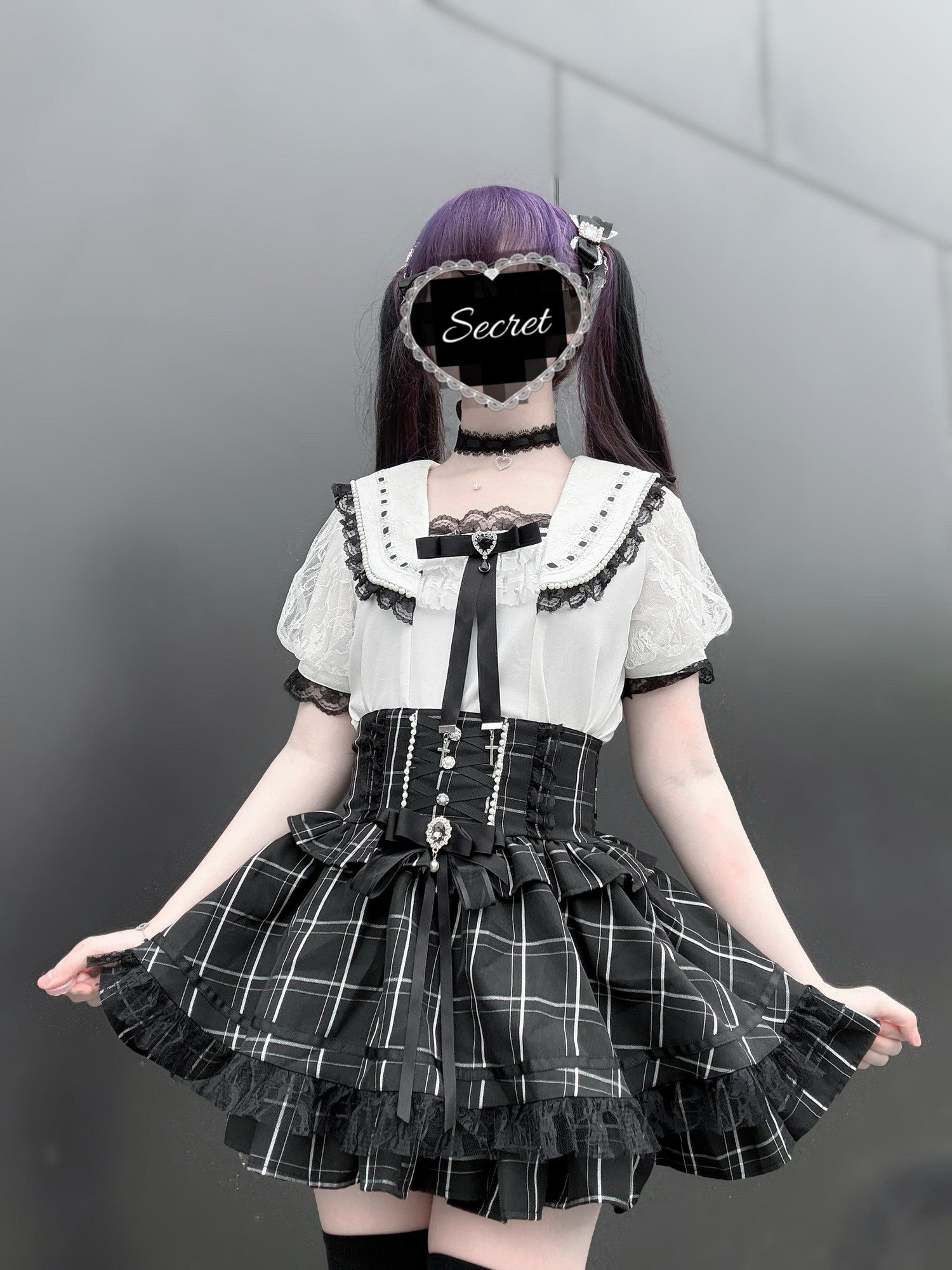 Virtual Paradise Lace Trim Sailor Collar Bow Loose Women's Short Sleeve Blouses