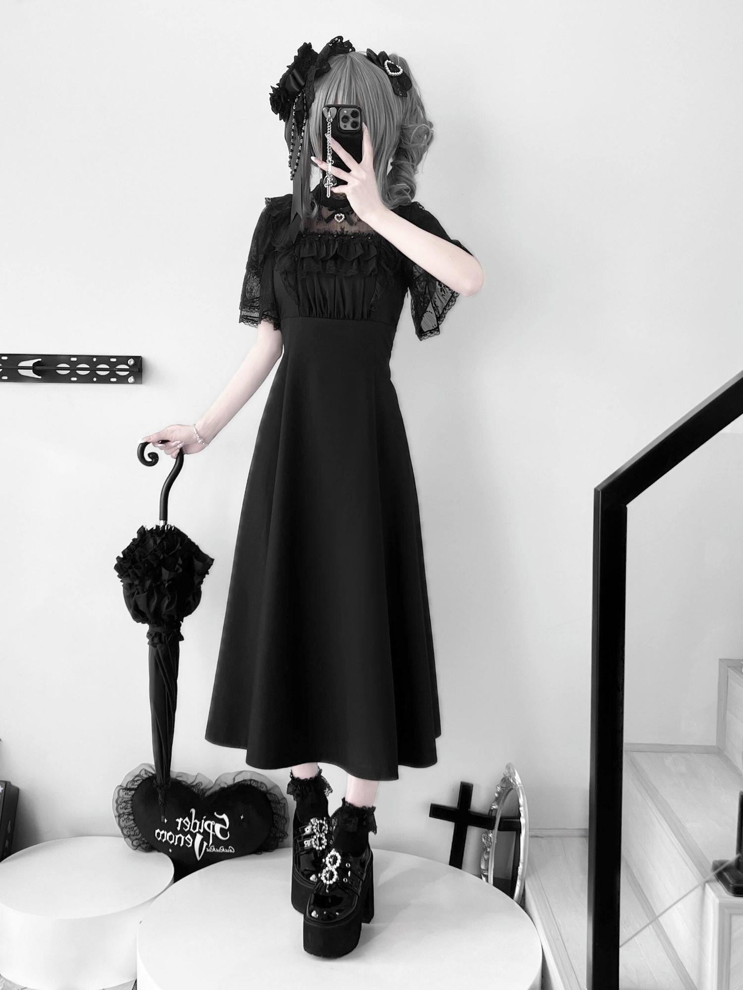 Virtual Paradise Minimalist Clean Pearl Embellished Long Women's Lace Short Sleeve Op