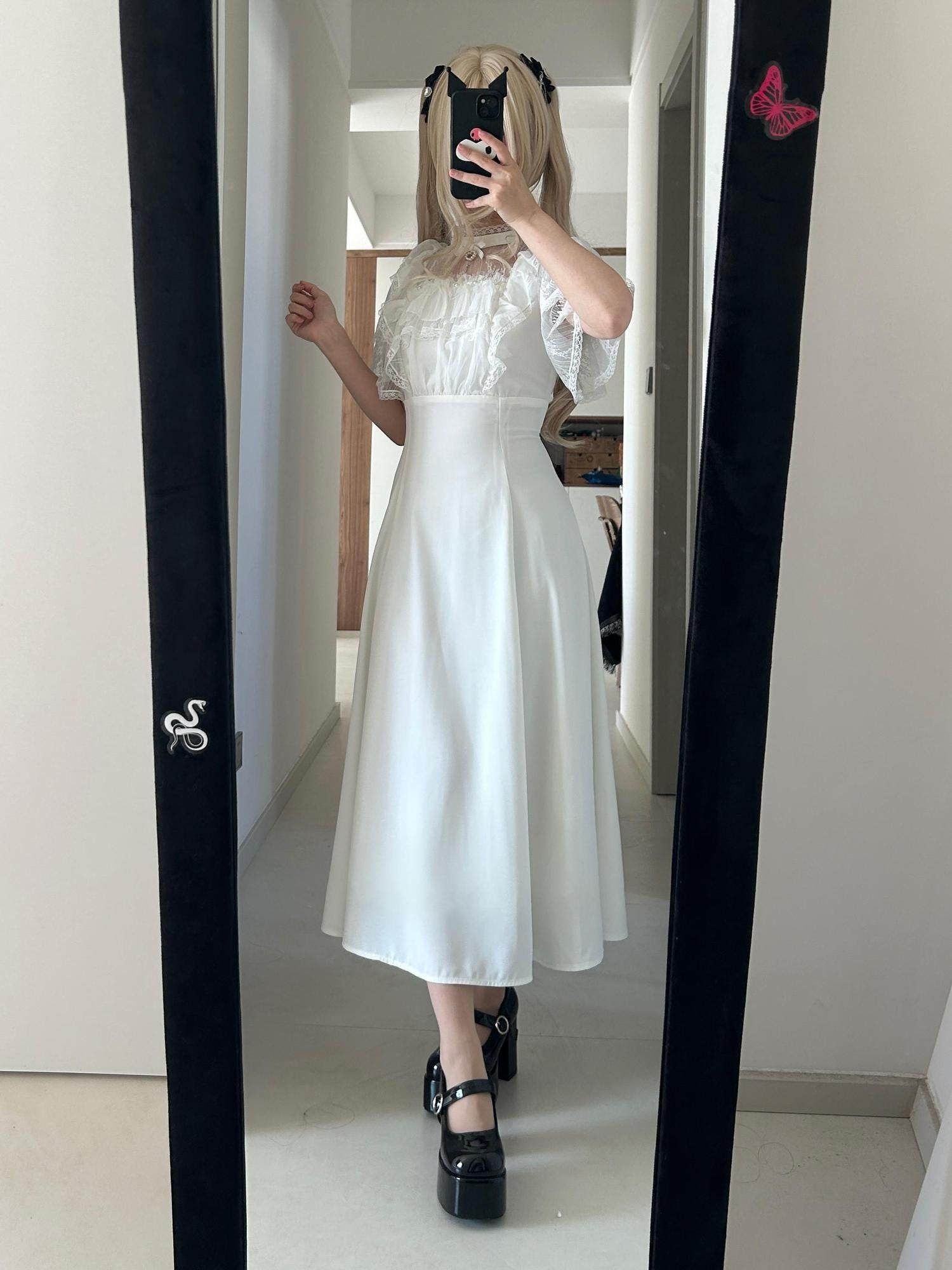 Virtual Paradise Minimalist Clean Pearl Embellished Long Women's Lace Short Sleeve Op