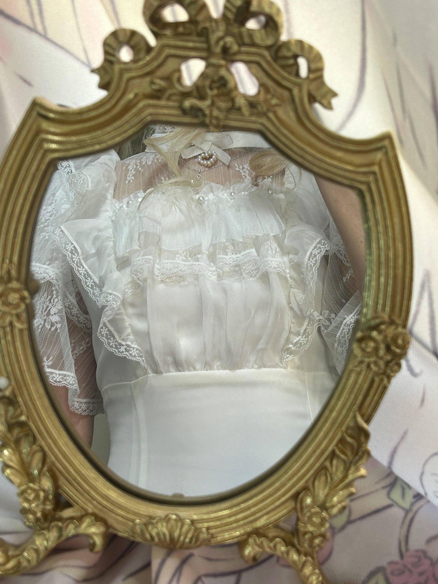 Virtual Paradise Minimalist Clean Pearl Embellished Long Women's Lace Short Sleeve Op
