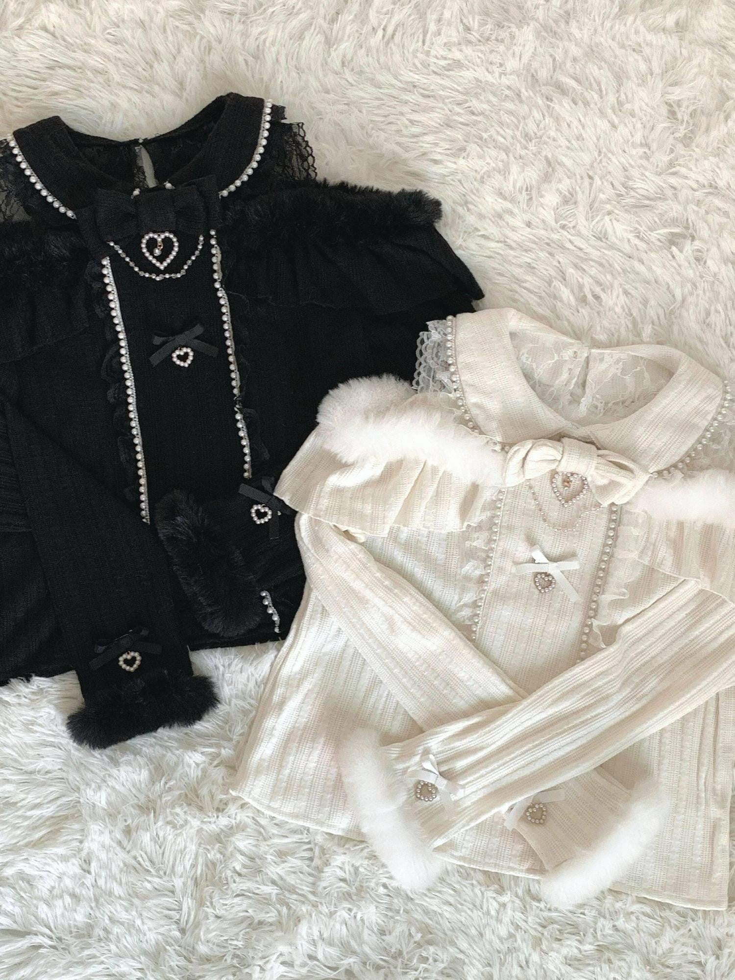 Virtual Paradise Pearl Lace Bow Plush Heart Cute Women's Knitted Long Sleeve Cutsews