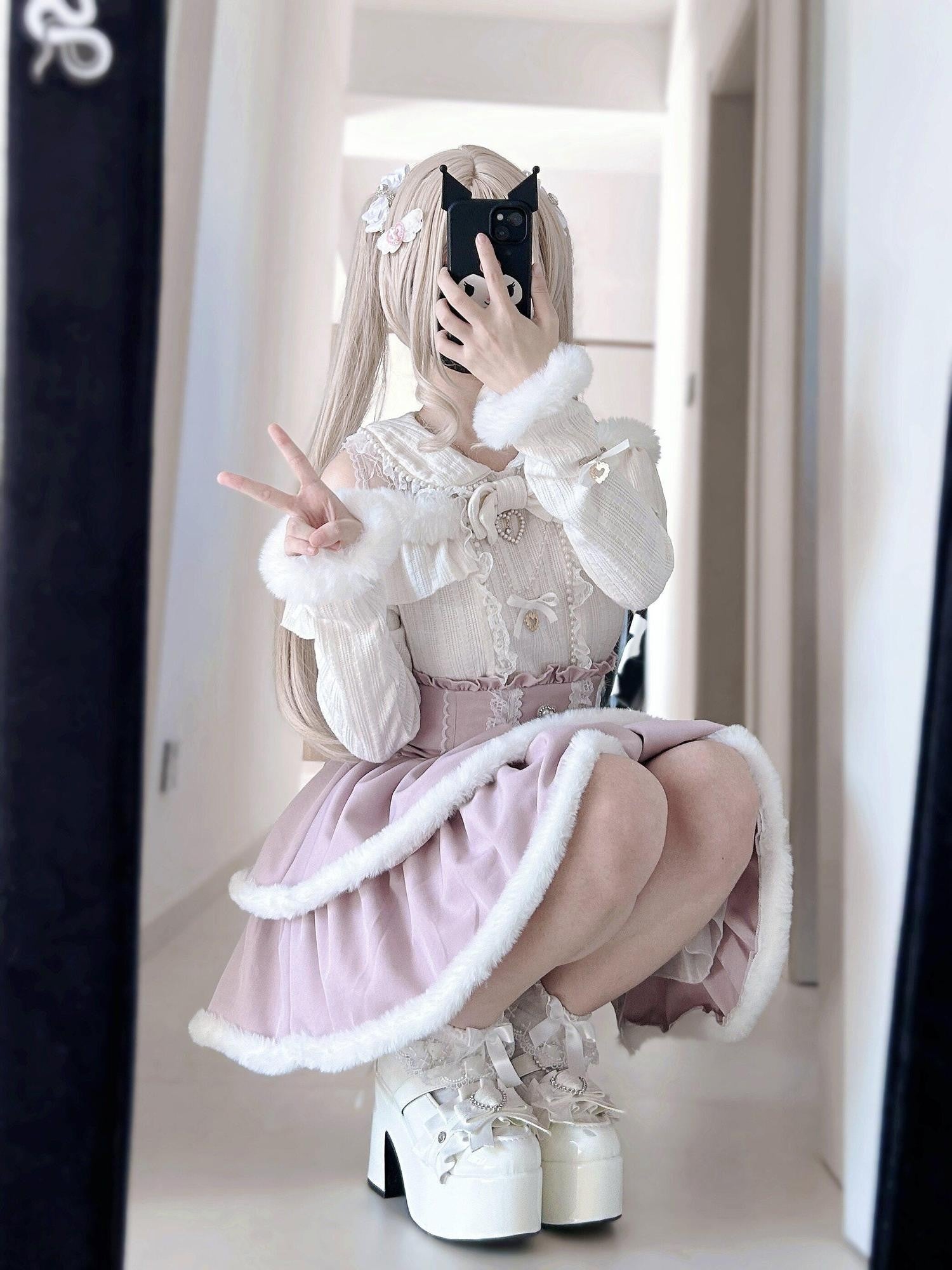 Virtual Paradise Pearl Lace Bow Plush Heart Cute Women's Knitted Long Sleeve Cutsews