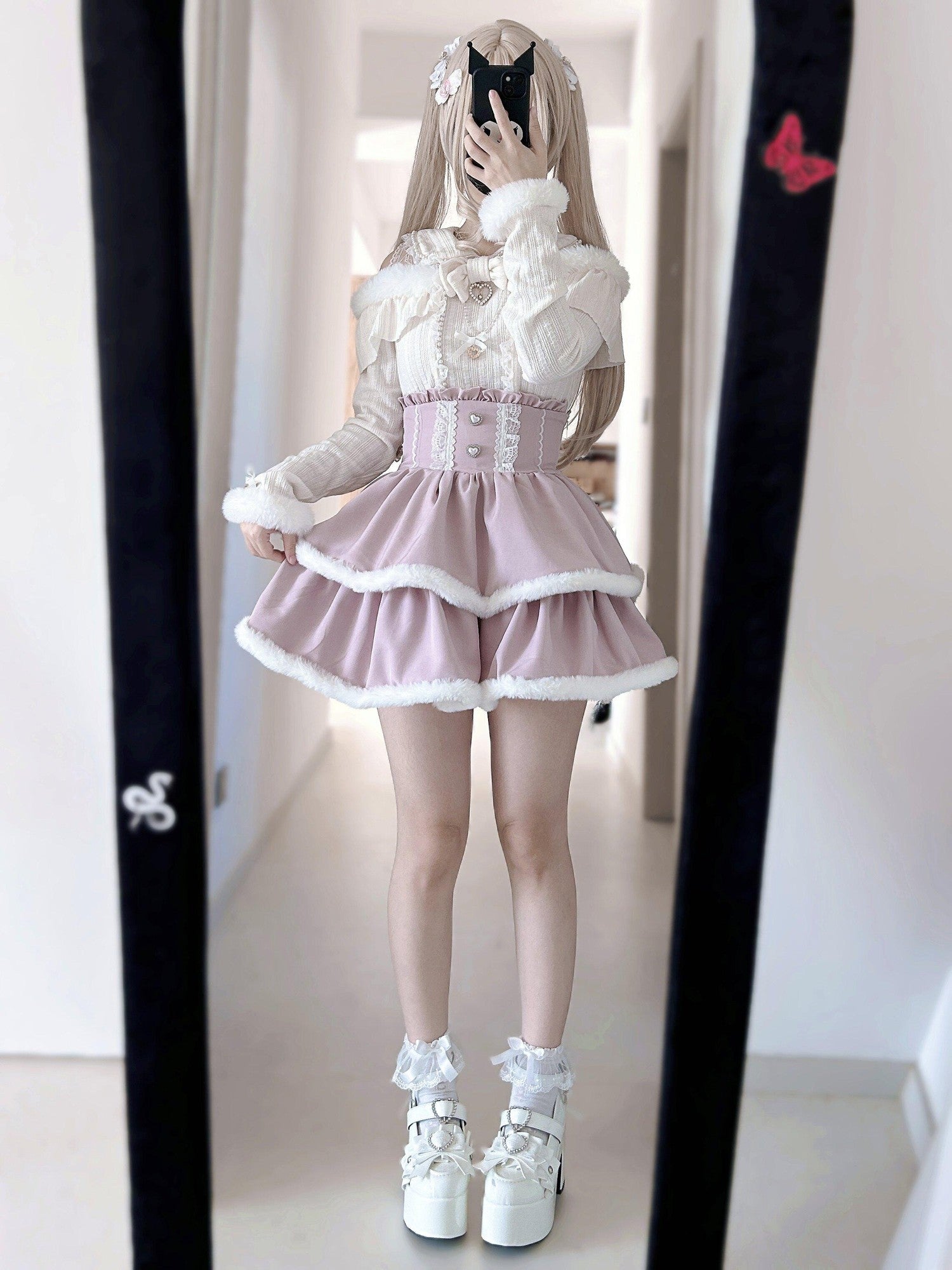 Virtual Paradise Pearl Lace Bow Plush Heart Cute Women's Knitted Long Sleeve Cutsews