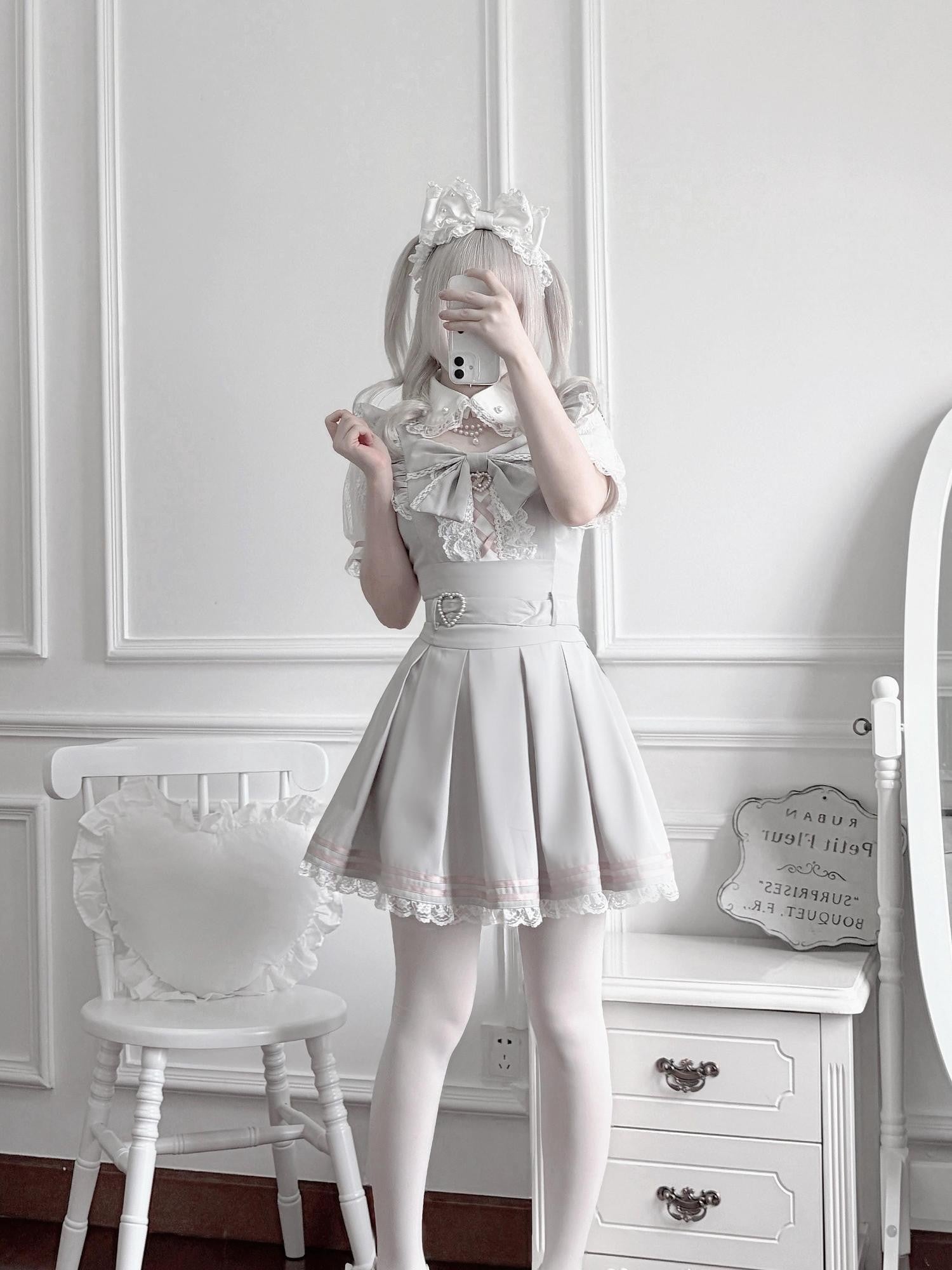 Virtual Paradise Pearl Letter Applique Kawaii Girlish Women's Lace Short Sleeve Op
