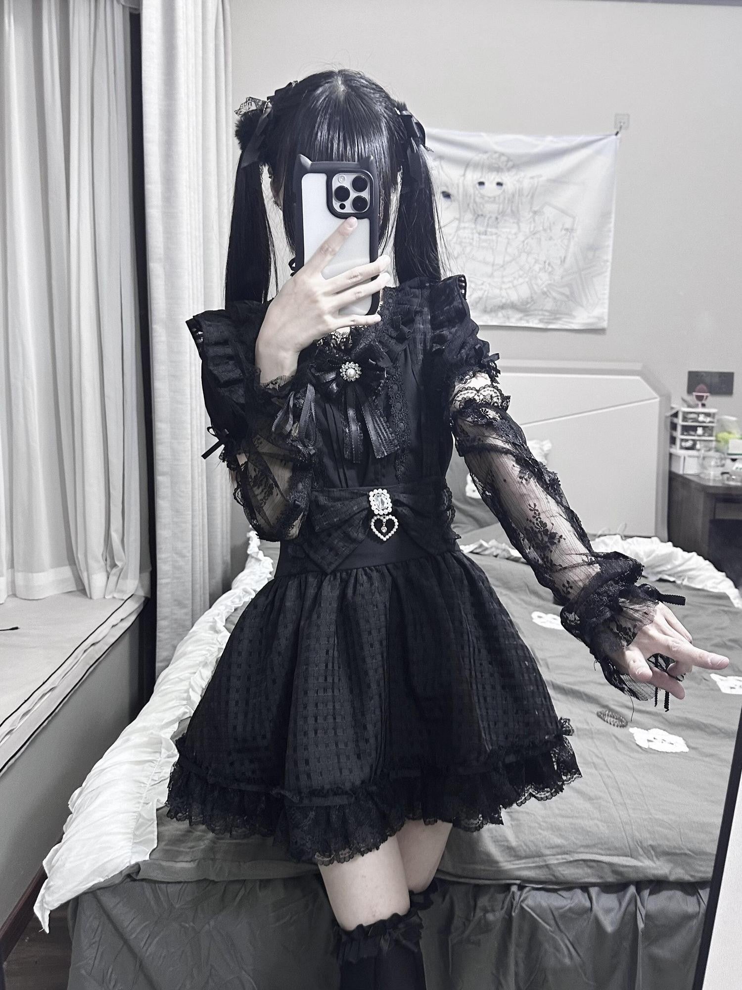Virtual Paradise Plaid Bow Lace Heart Strappy High Waist Women's Outlast Jsk / Jumper Skirts