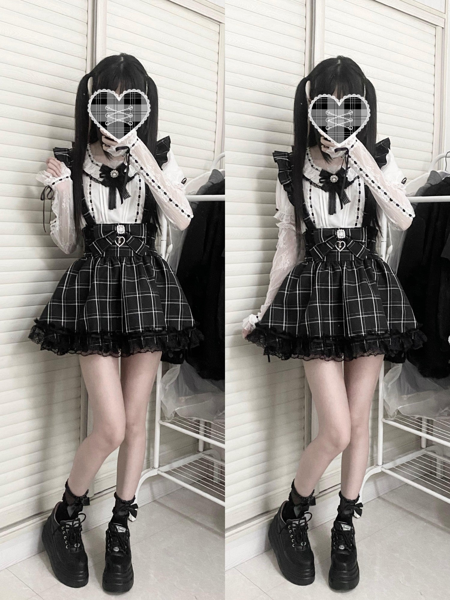 Virtual Paradise Plaid Bow Lace Heart Strappy High Waist Women's Outlast Jsk / Jumper Skirts