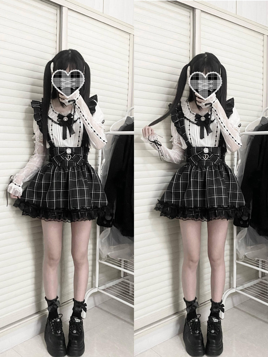 Virtual Paradise Plaid Bow Lace Heart Strappy High Waist Women's Outlast Jsk / Jumper Skirts