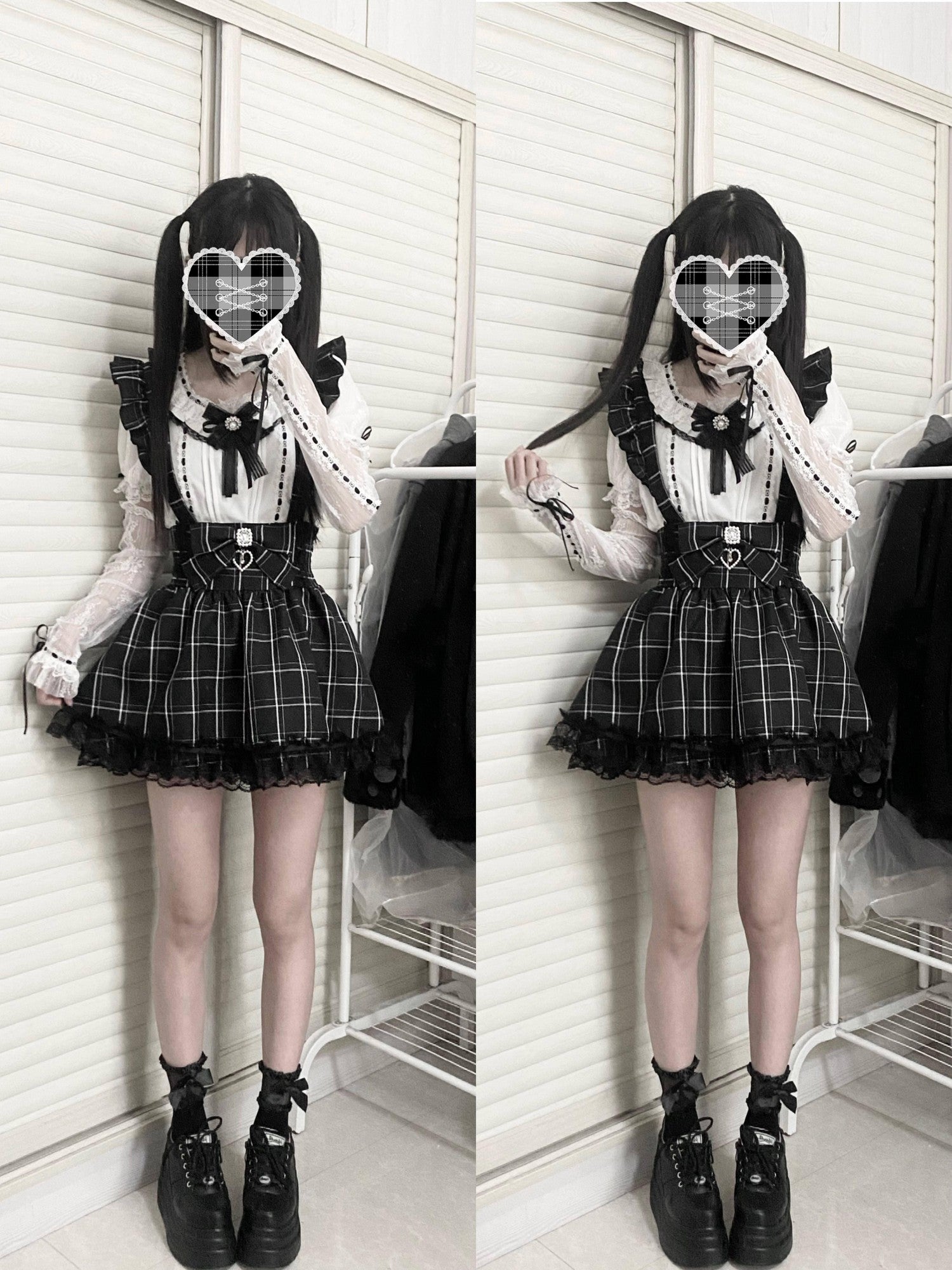 Virtual Paradise Plaid Bow Lace Heart Strappy High Waist Women's Outlast Jsk / Jumper Skirts