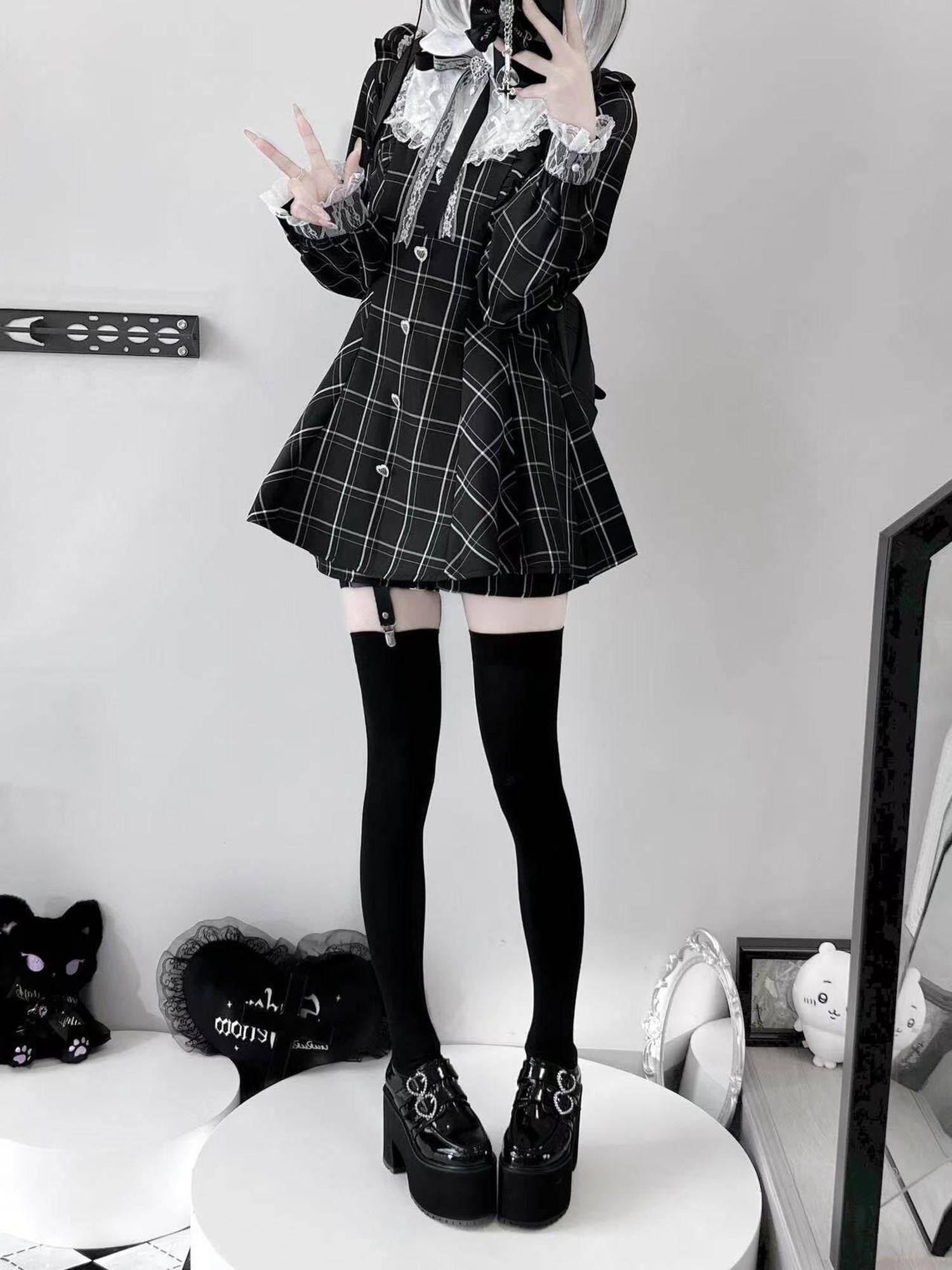 Virtual Paradise Plaid Bow Lace Reflective Cross Strap Women's Long Sleeve Op