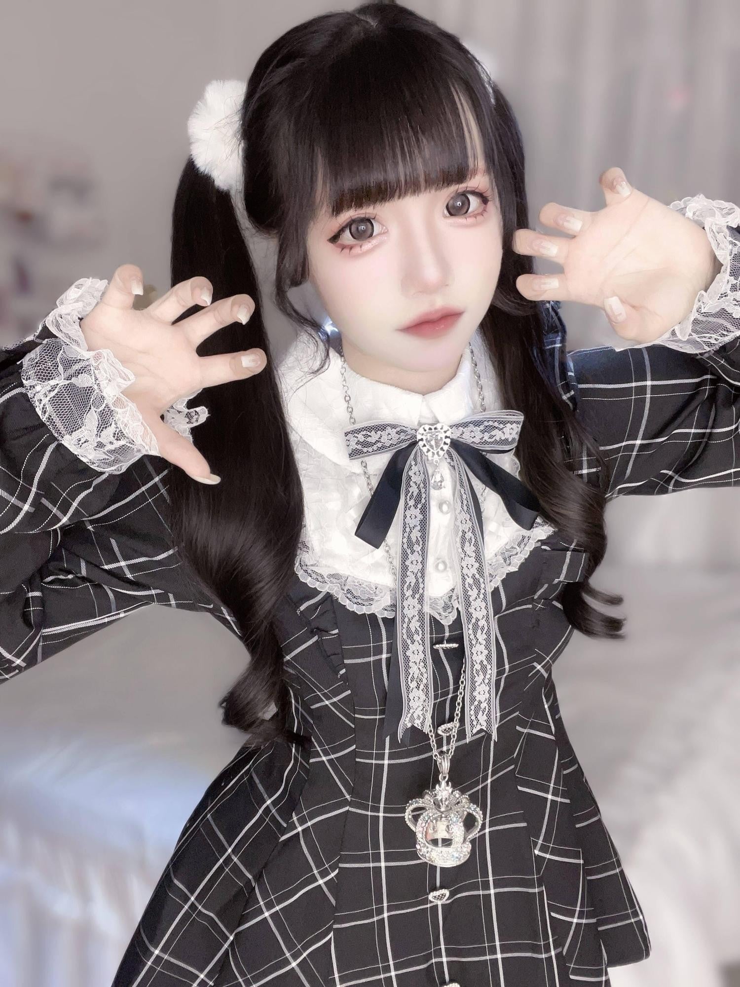 Virtual Paradise Plaid Bow Lace Reflective Cross Strap Women's Long Sleeve Op