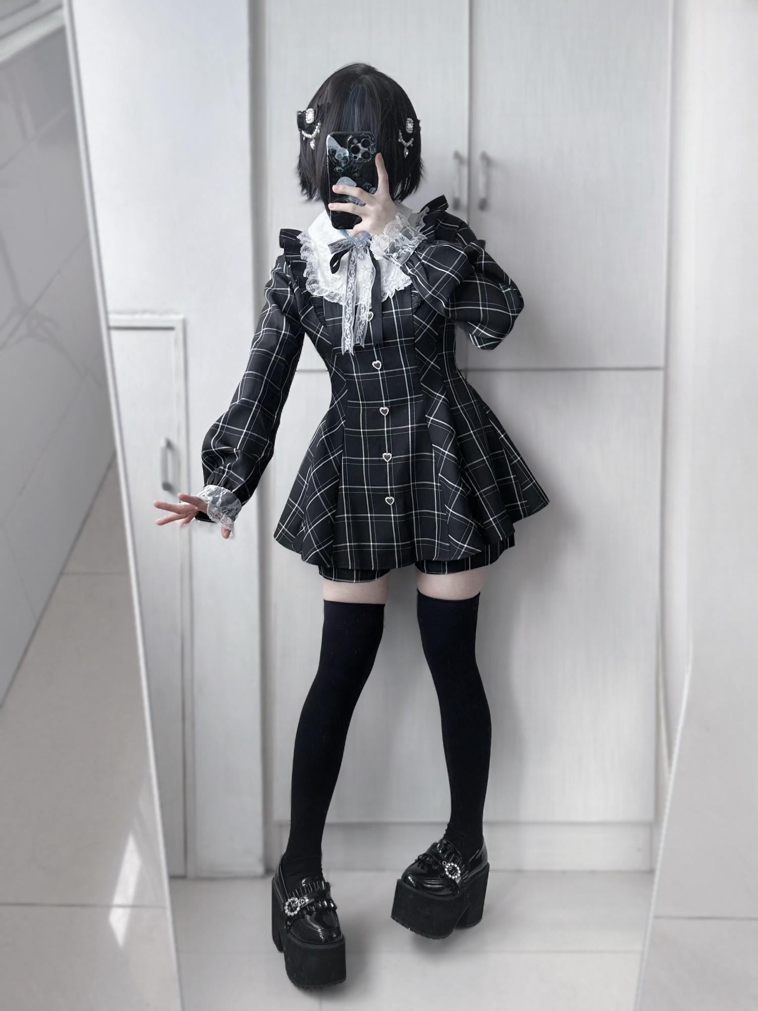 Virtual Paradise Plaid Bow Lace Reflective Cross Strap Women's Long Sleeve Op