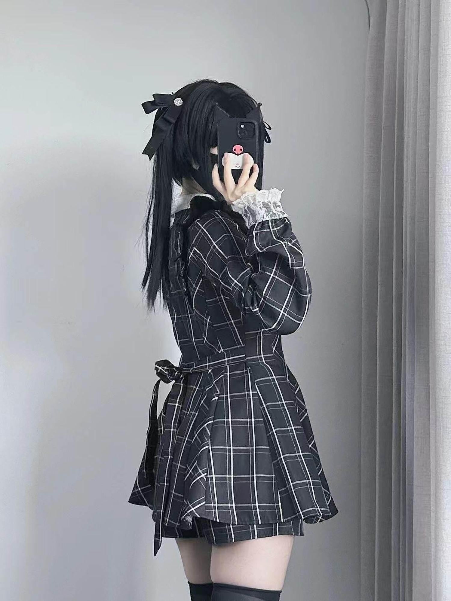Virtual Paradise Plaid Bow Lace Reflective Cross Strap Women's Long Sleeve Op