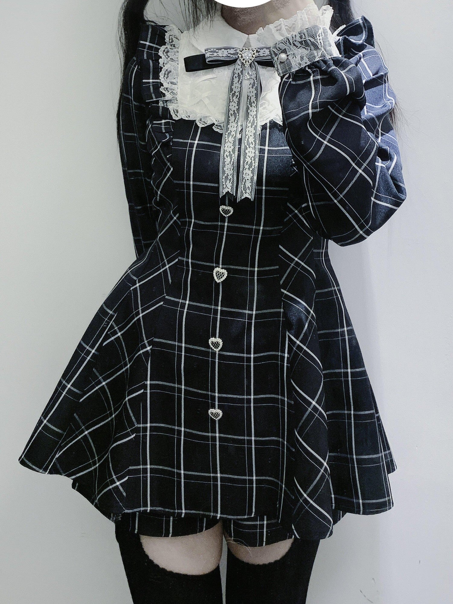 Virtual Paradise Plaid Bow Lace Reflective Cross Strap Women's Long Sleeve Op