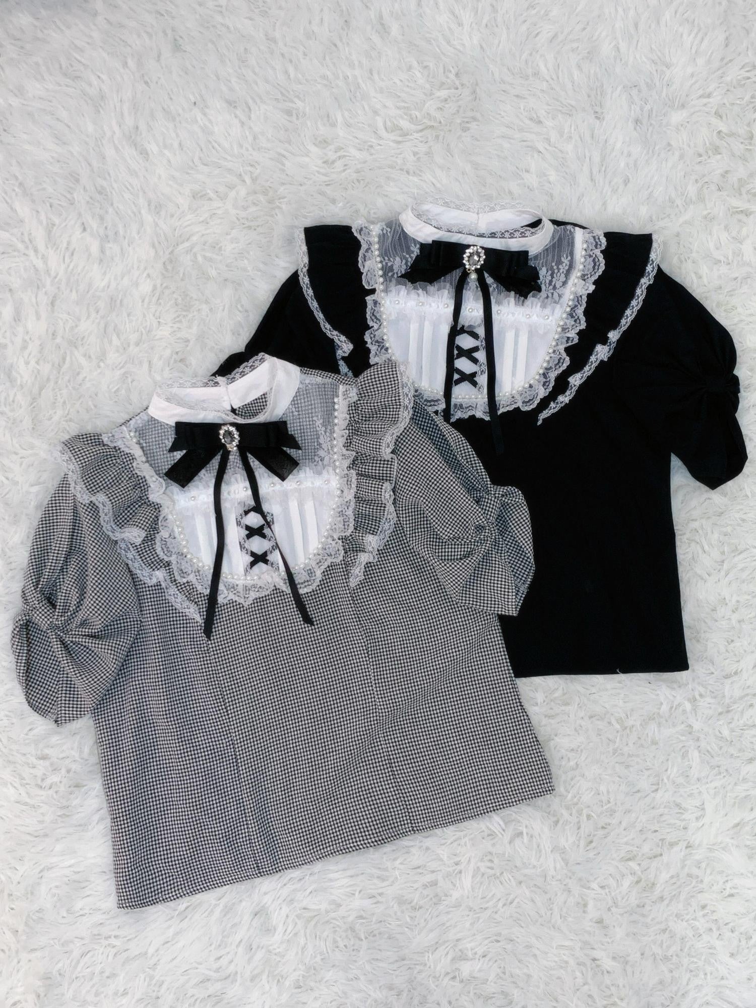 Virtual Paradise Plaid Bow Pearl Kawaii Japanese Women's Lace Short Sleeve Blouses