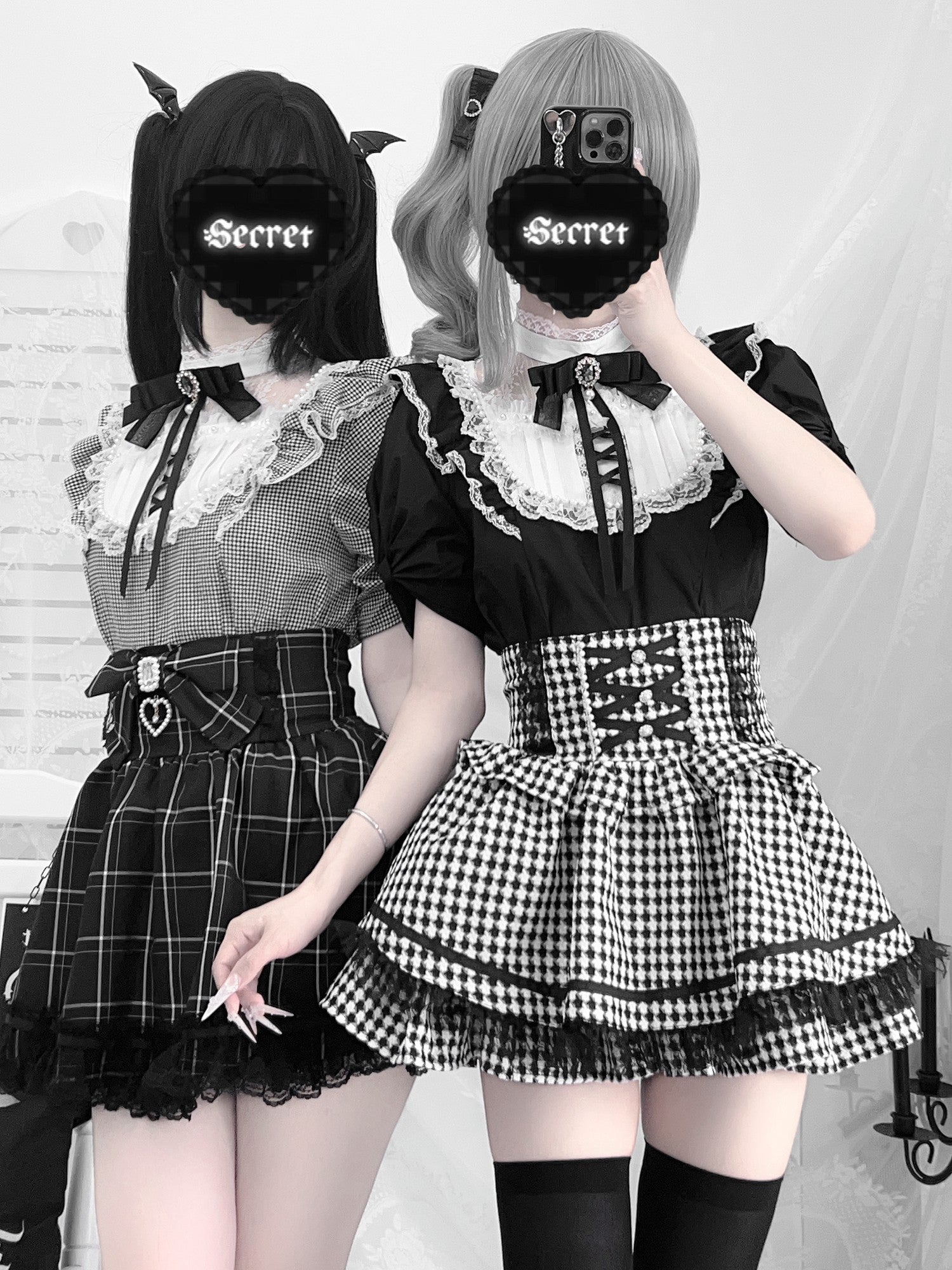 Virtual Paradise Plaid Bow Pearl Kawaii Japanese Women's Lace Short Sleeve Blouses