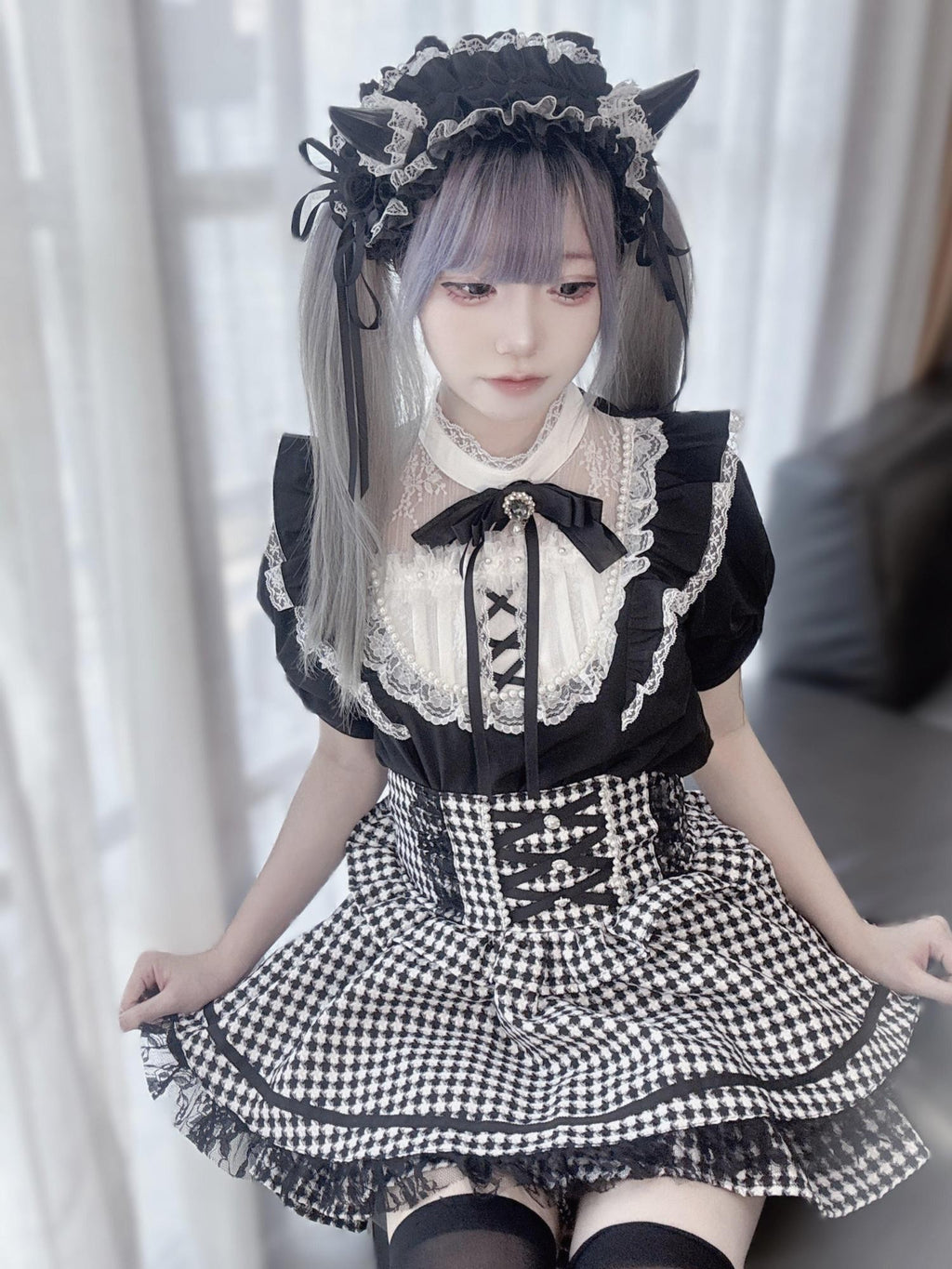 Virtual Paradise Plaid Bow Pearl Kawaii Japanese Women's Lace Short Sleeve Blouses