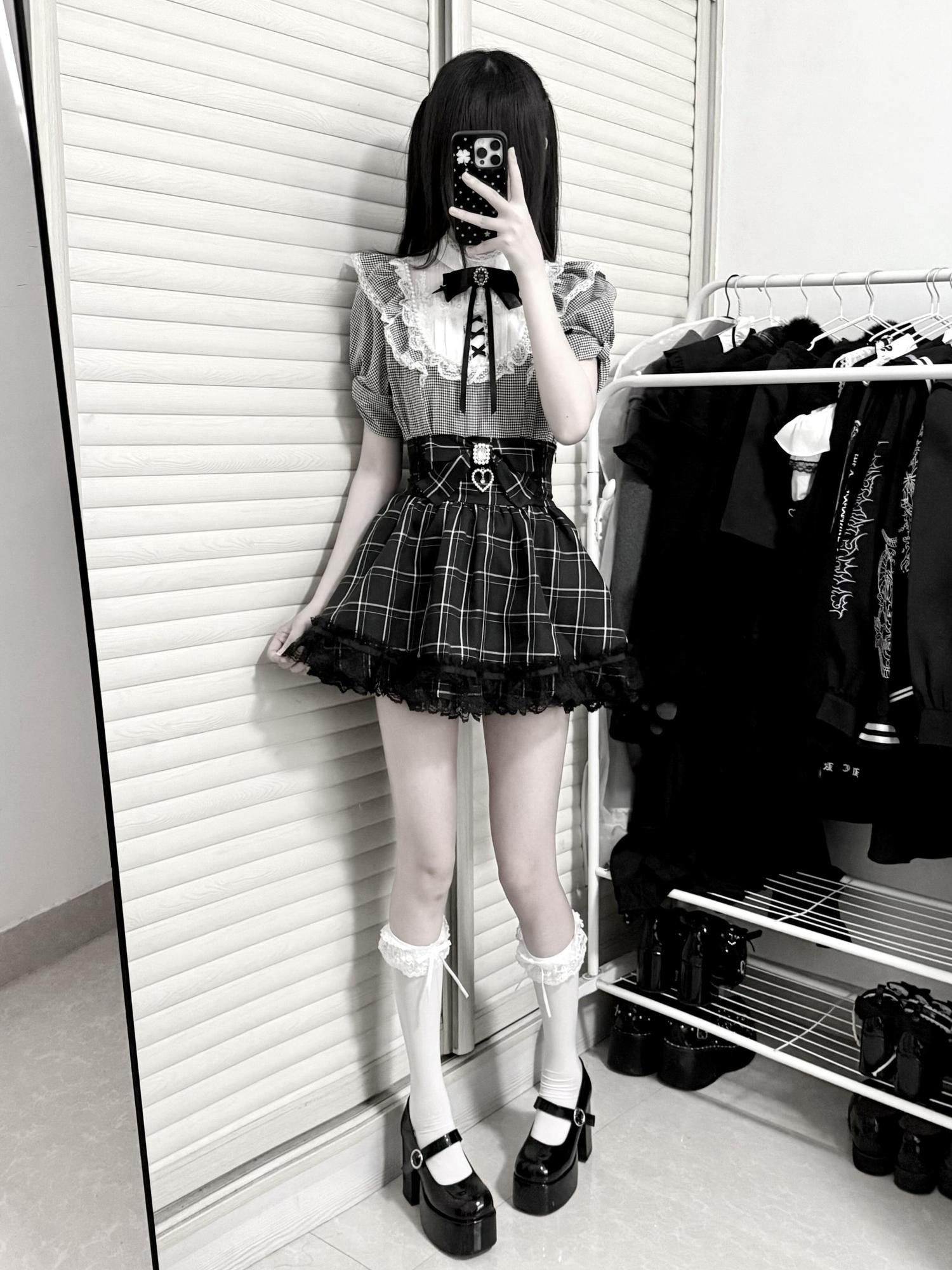 Virtual Paradise Plaid Bow Pearl Kawaii Japanese Women's Lace Short Sleeve Blouses