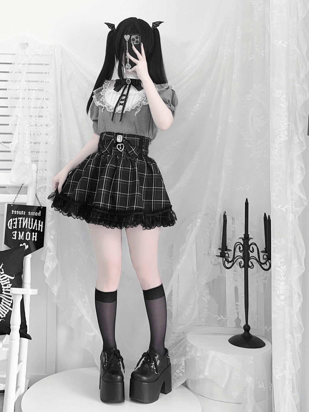 Virtual Paradise Plaid Bow Pearl Kawaii Japanese Women's Lace Short Sleeve Blouses