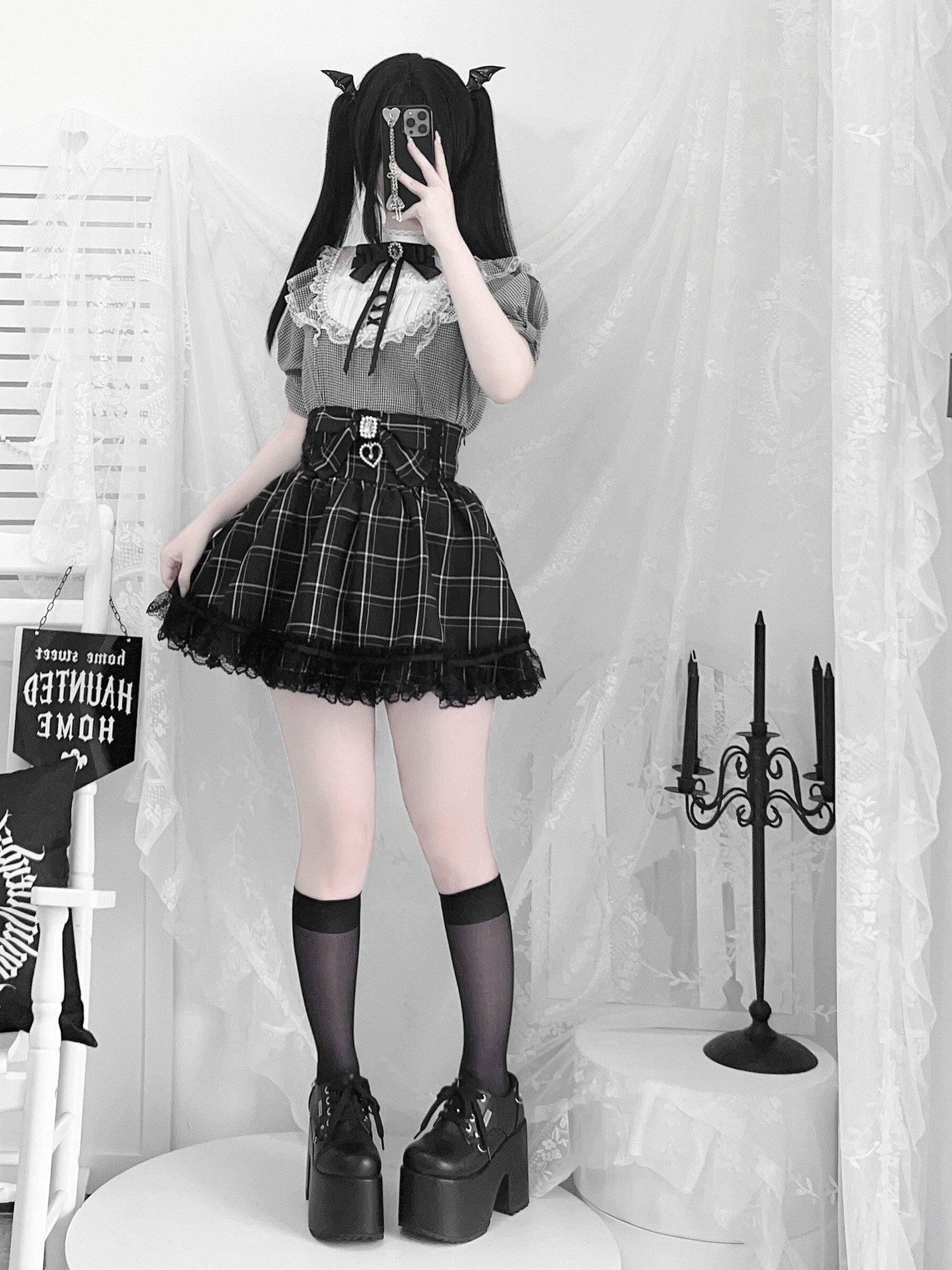Virtual Paradise Plaid Bow Pearl Kawaii Japanese Women's Lace Short Sleeve Blouses