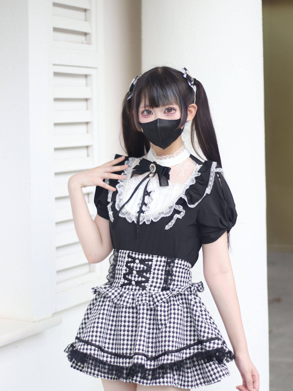 Virtual Paradise Plaid Bow Pearl Kawaii Japanese Women's Lace Short Sleeve Blouses