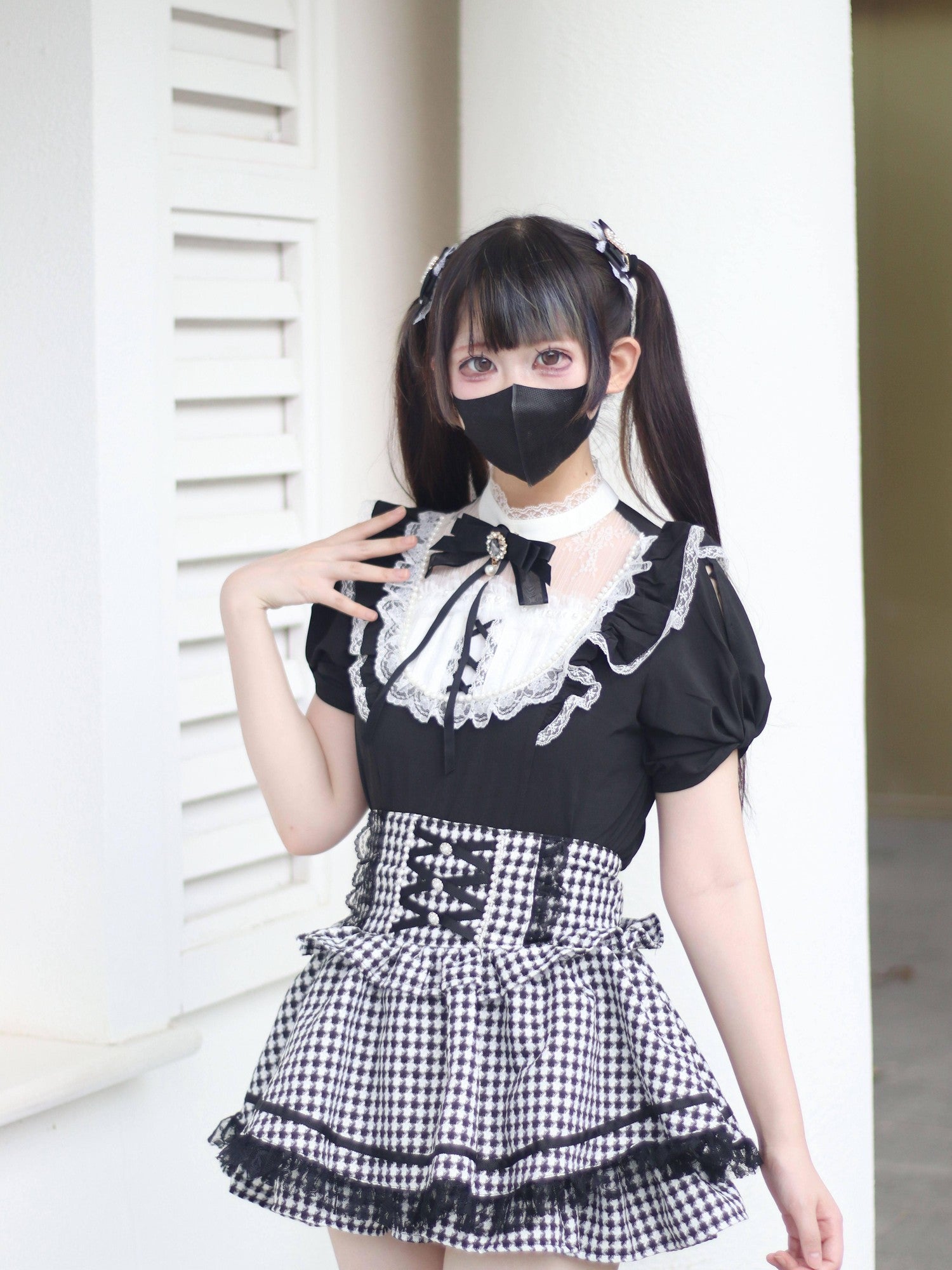 Virtual Paradise Plaid Bow Pearl Kawaii Japanese Women's Lace Short Sleeve Blouses