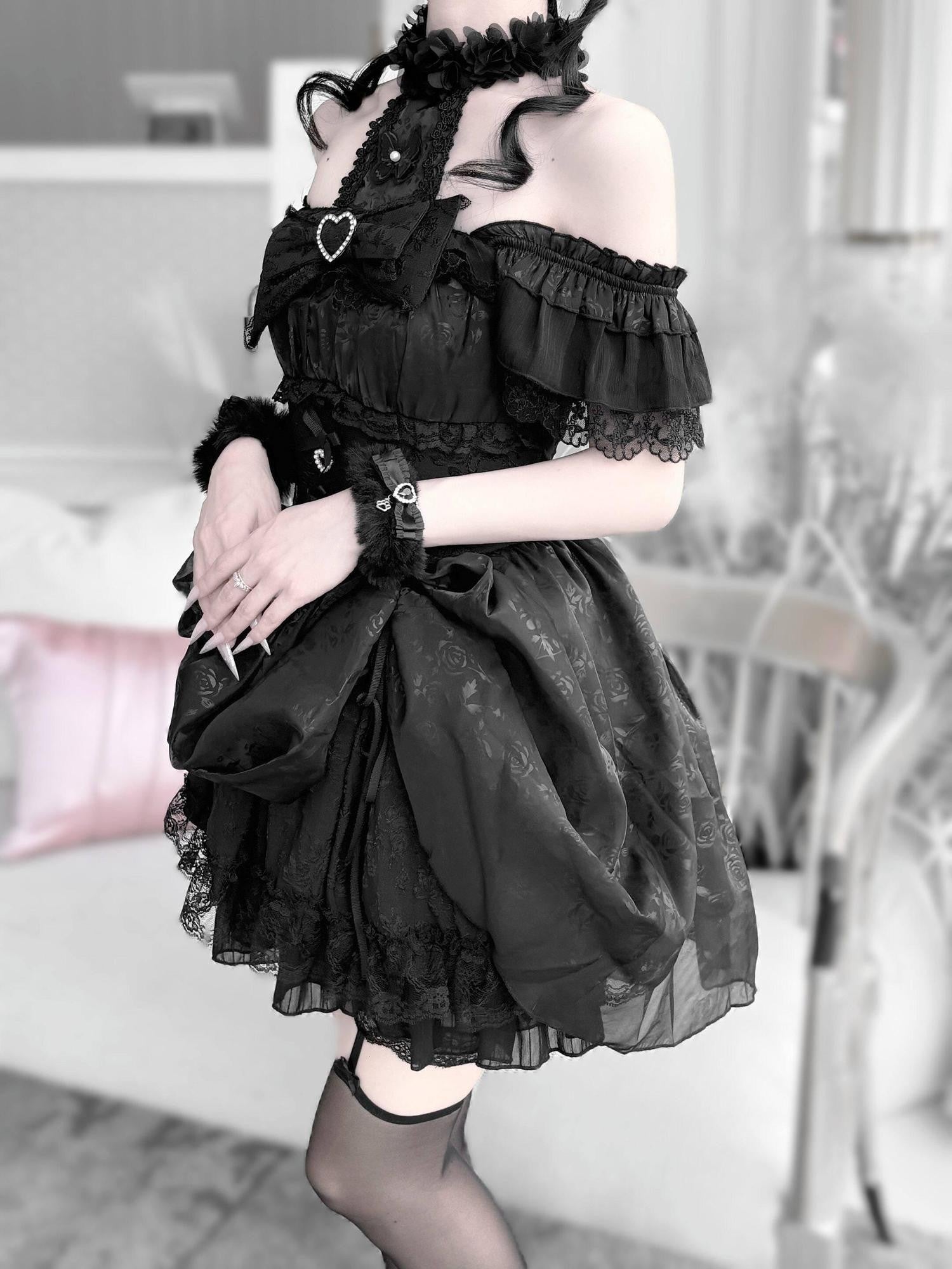 Virtual Paradise Rose Print Lace Halter Gathered Hem Women's Jsk / Jumper Skirts