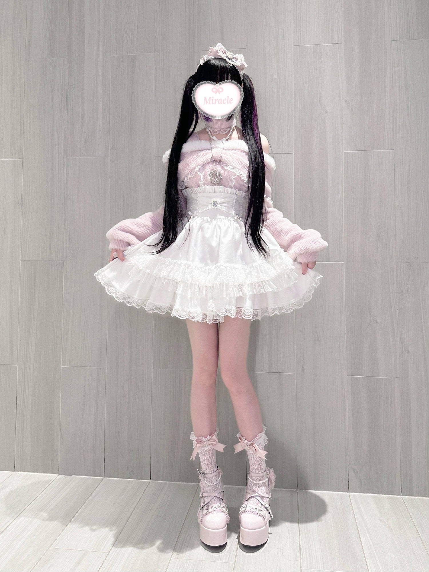 Virtual Paradise Striped Bow Lace Embellished A Line Women's Lace Mid High Waist Skirts