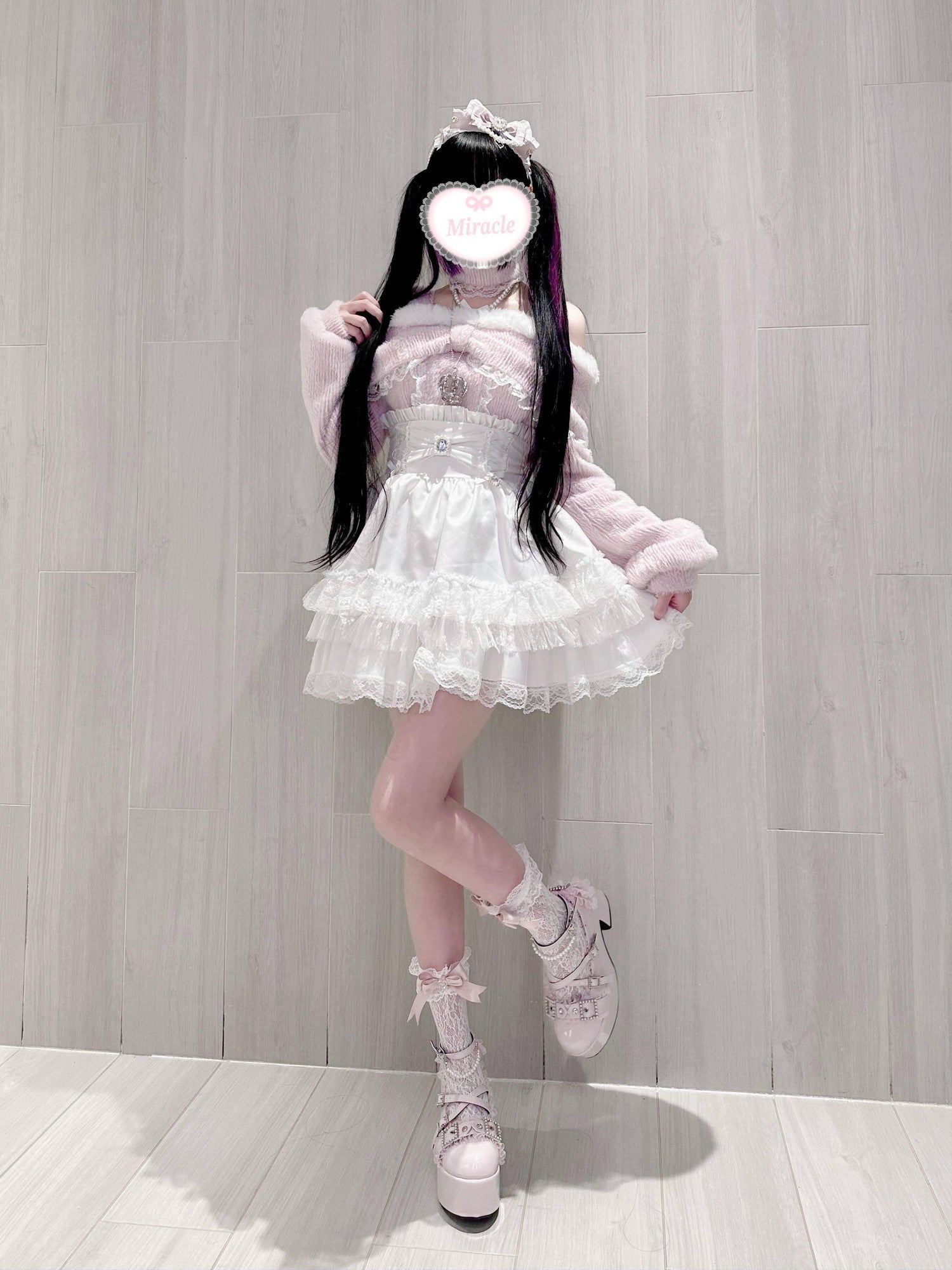 Virtual Paradise Striped Bow Lace Embellished A Line Women's Lace Mid High Waist Skirts