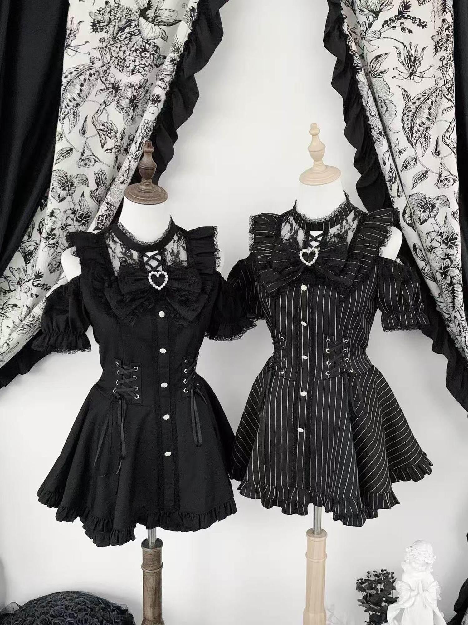 Virtual Paradise Striped Lace Stand Collar Fitted Women's Japanese Subculture Cute Op Sets