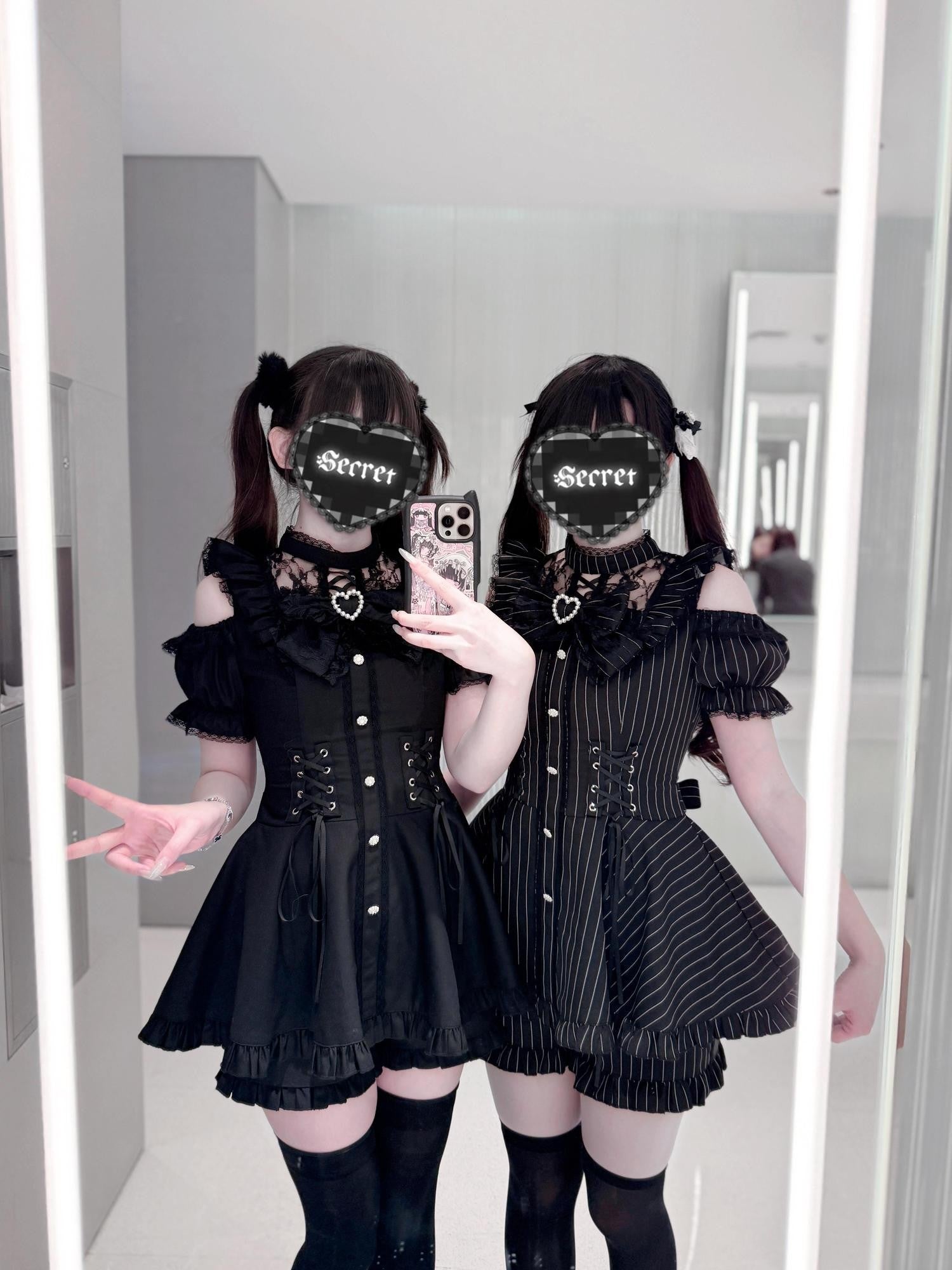 Virtual Paradise Striped Lace Stand Collar Fitted Women's Japanese Subculture Cute Op Sets