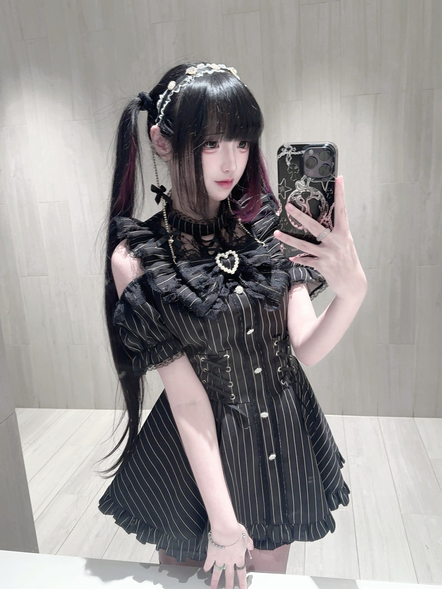 Virtual Paradise Striped Lace Stand Collar Fitted Women's Japanese Subculture Cute Op Sets