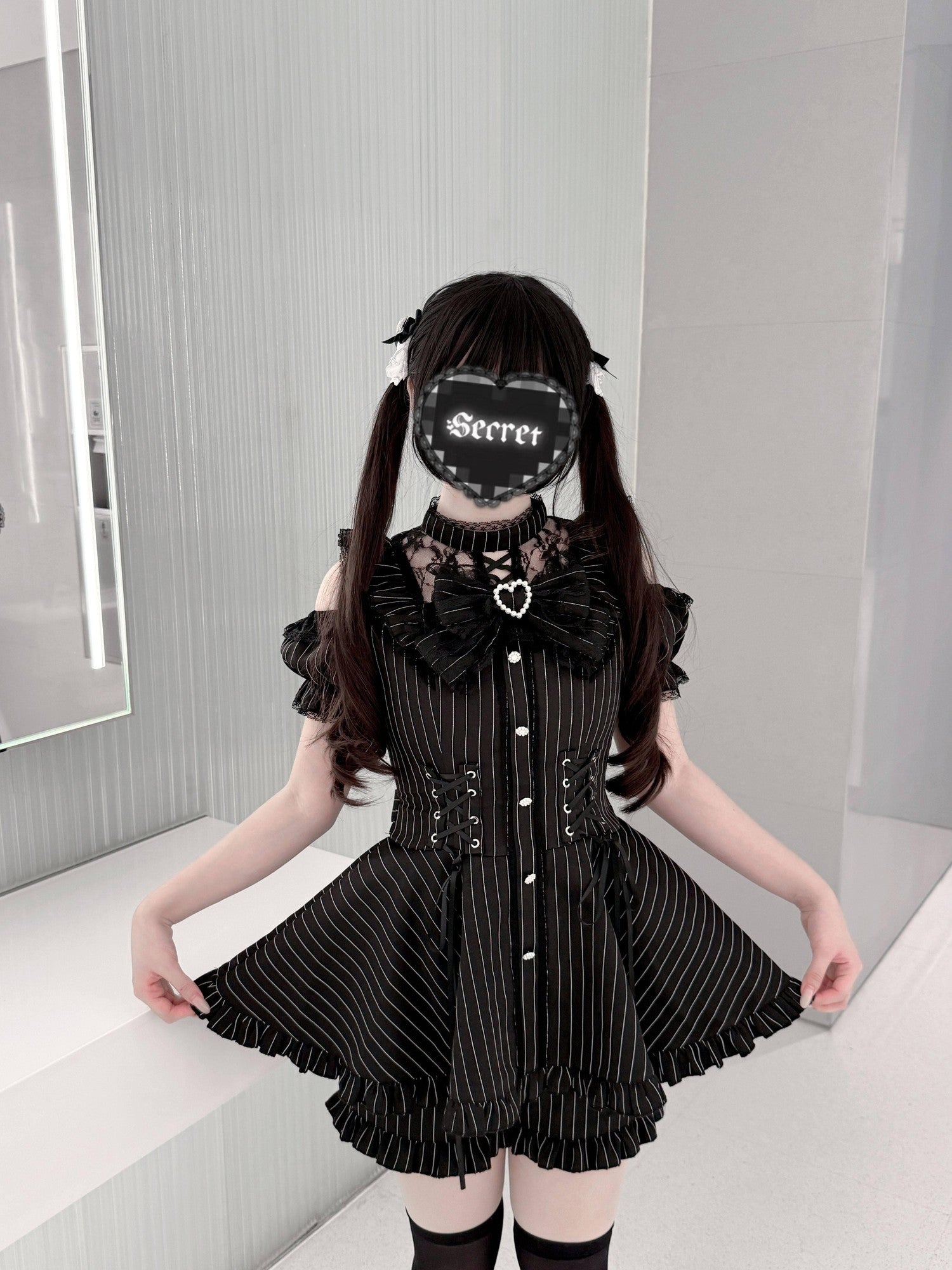 Virtual Paradise Striped Lace Stand Collar Fitted Women's Japanese Subculture Cute Op Sets
