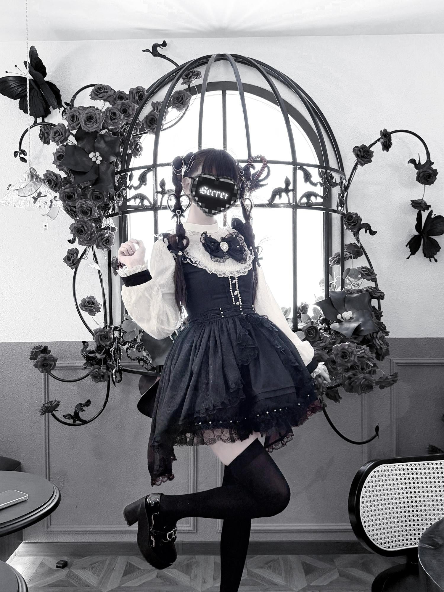 Virtual Paradise Thorn Doll Gothic Overskirt Bow Pearl Stand Collar Women's Lace Long Sleeve Op