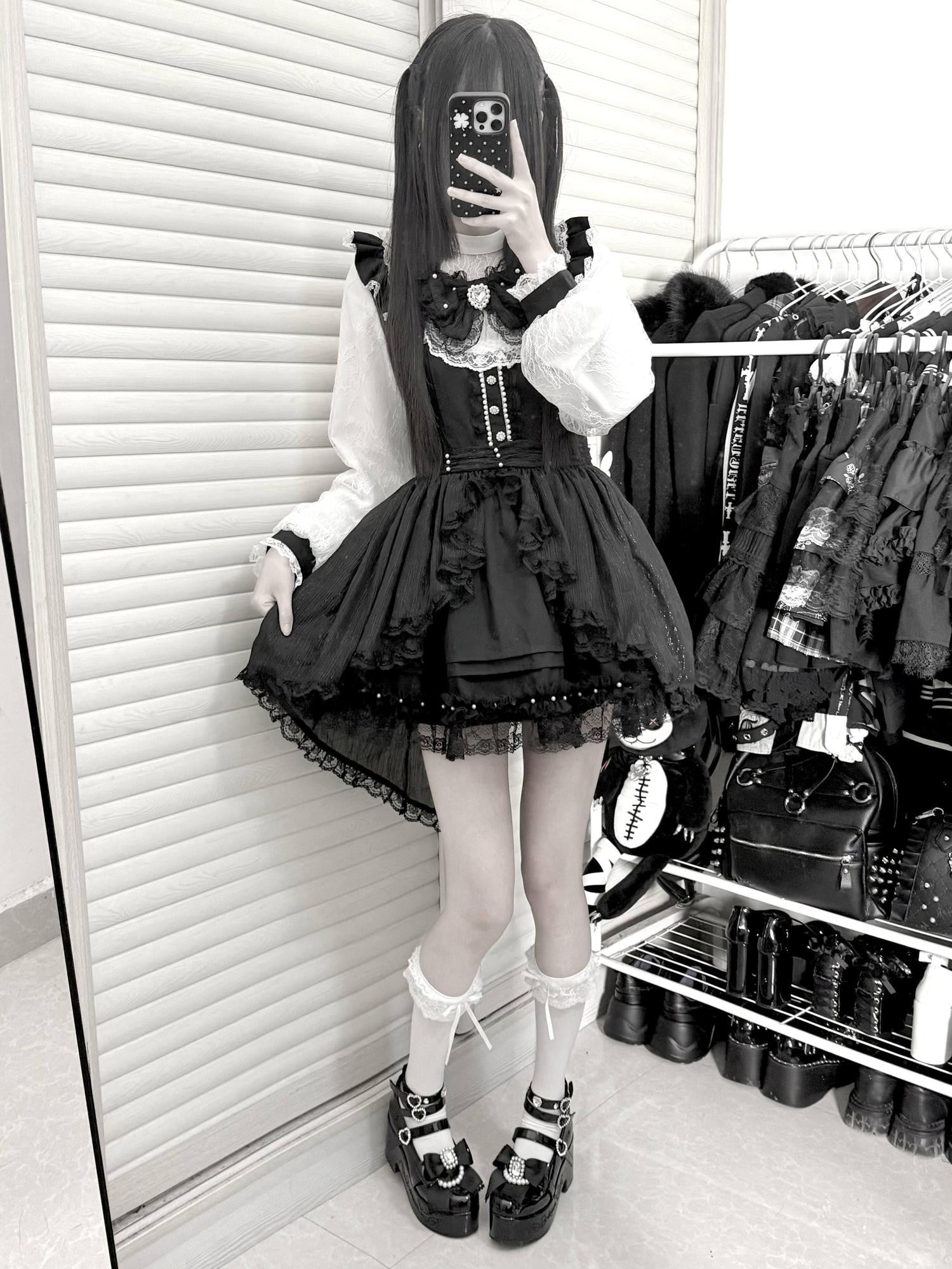 Virtual Paradise Thorn Doll Gothic Overskirt Bow Pearl Stand Collar Women's Lace Long Sleeve Op