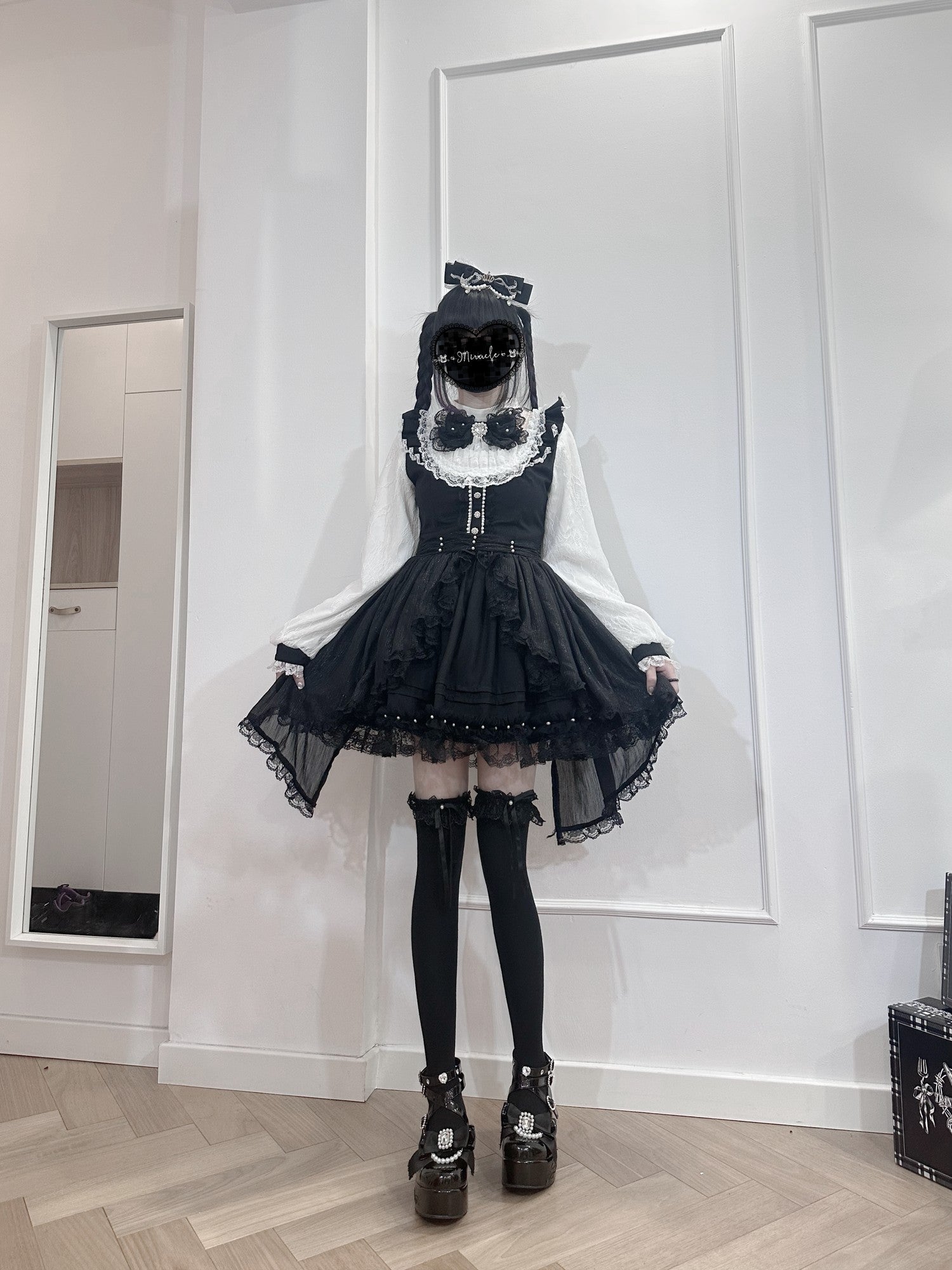 Virtual Paradise Thorn Doll Gothic Overskirt Bow Pearl Stand Collar Women's Lace Long Sleeve Op