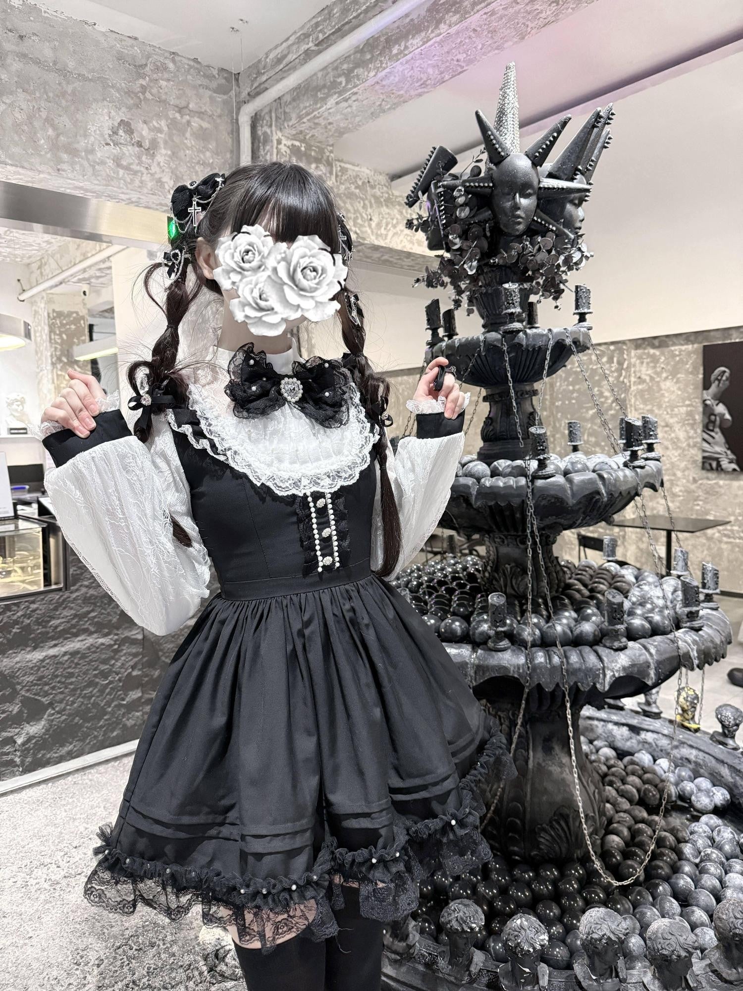 Virtual Paradise Thorn Doll Gothic Overskirt Bow Pearl Stand Collar Women's Lace Long Sleeve Op