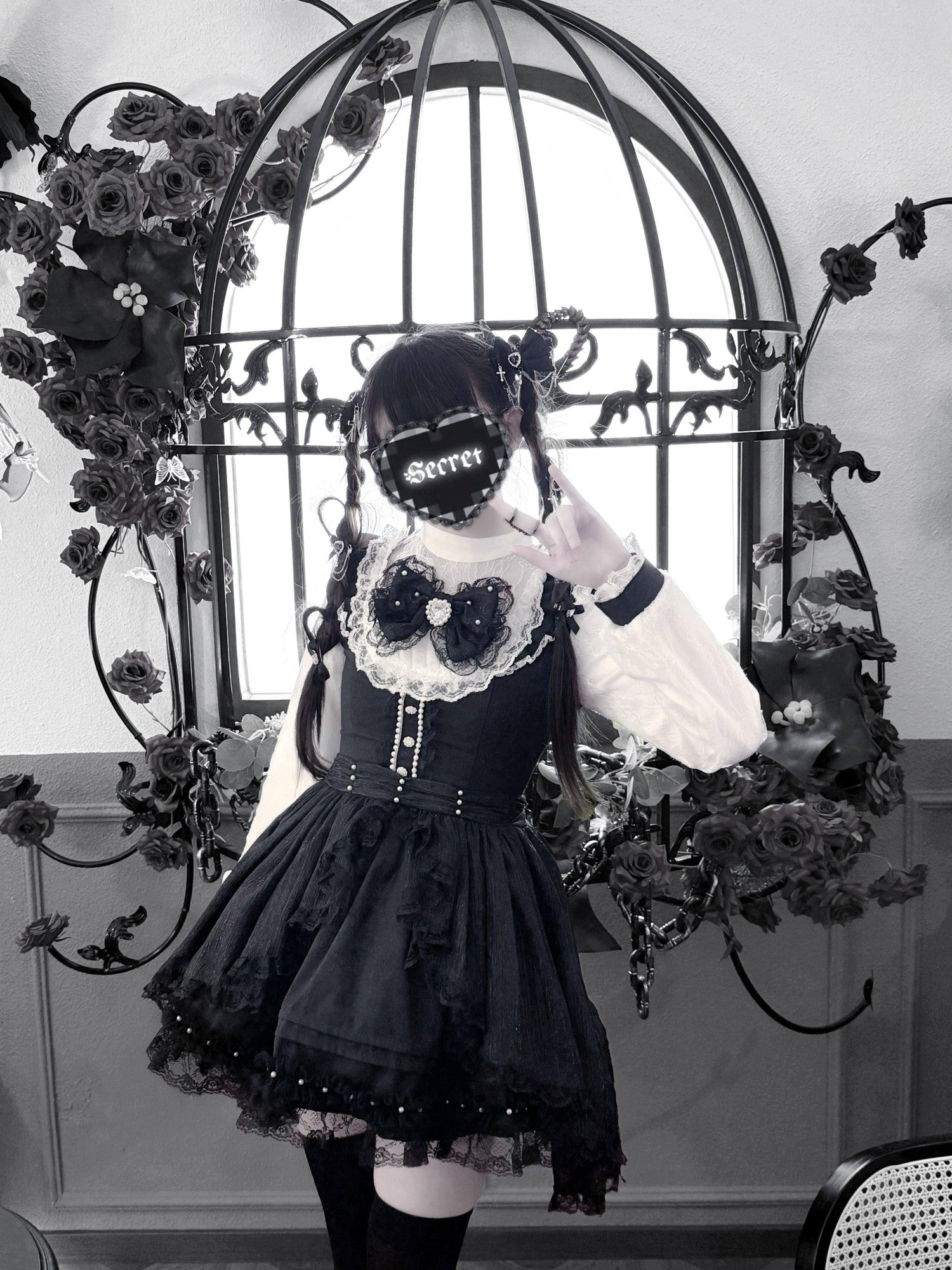Virtual Paradise Thorn Doll Gothic Overskirt Bow Pearl Stand Collar Women's Lace Long Sleeve Op