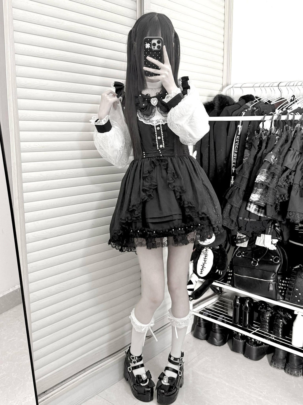 Virtual Paradise Thorn Doll Gothic Overskirt Bow Pearl Stand Collar Women's Lace Long Sleeve Op
