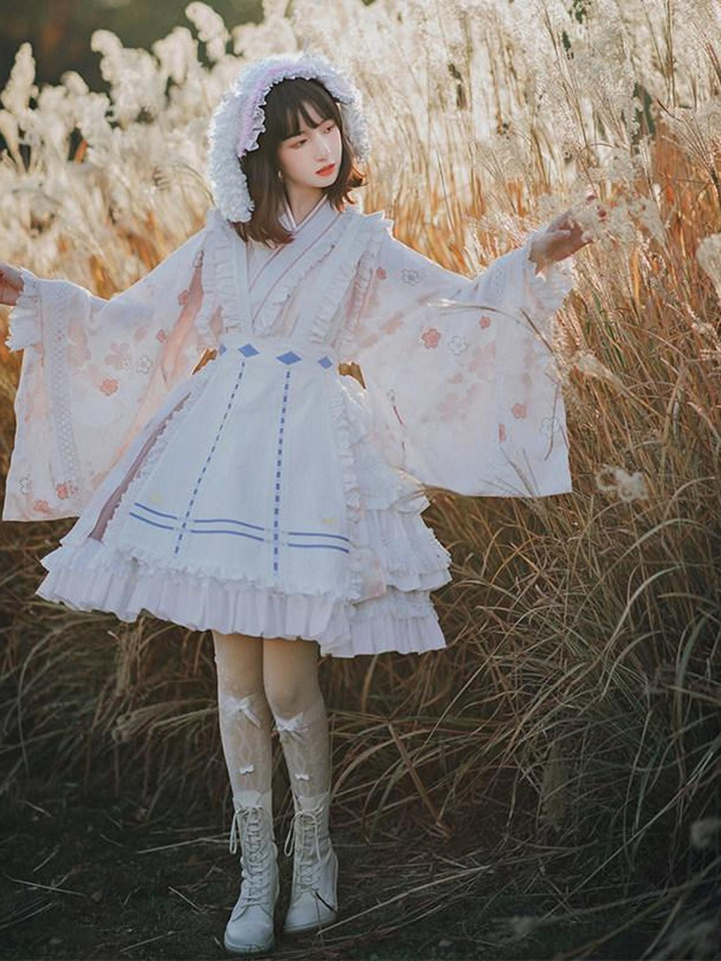 With PUJI Alice Inspired Japanese Lolita Flared Skirt Loose Women's Long Sleeve Op
