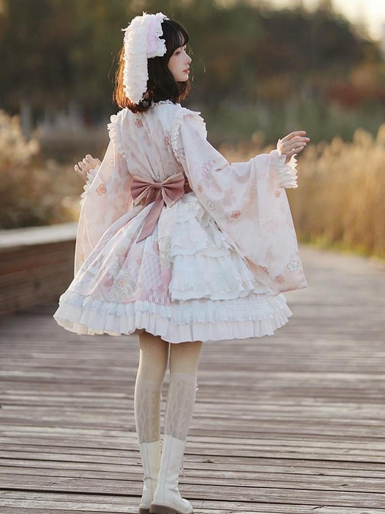 With PUJI Alice Inspired Japanese Lolita Flared Skirt Loose Women's Long Sleeve Op