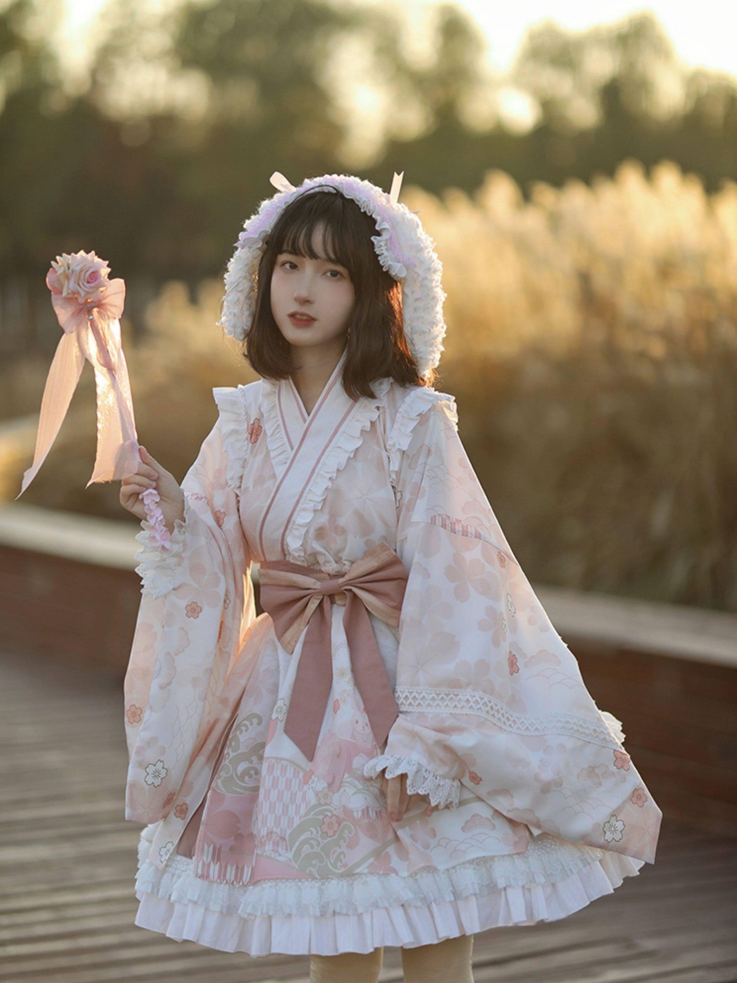 With PUJI Alice Inspired Japanese Lolita Flared Skirt Loose Women's Long Sleeve Op
