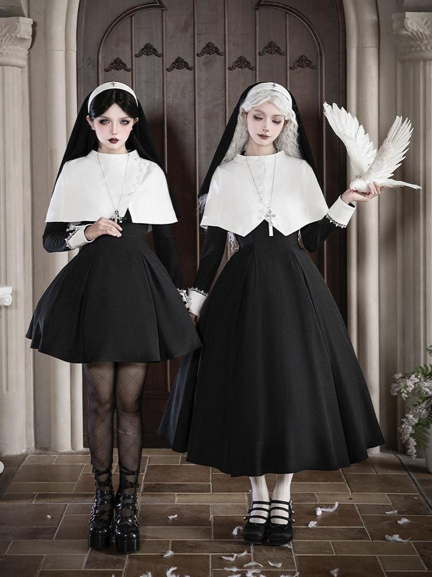 With PUJI Black And White Nun Style Lolita Seven Panel Flared Women's Long Sleeve Op