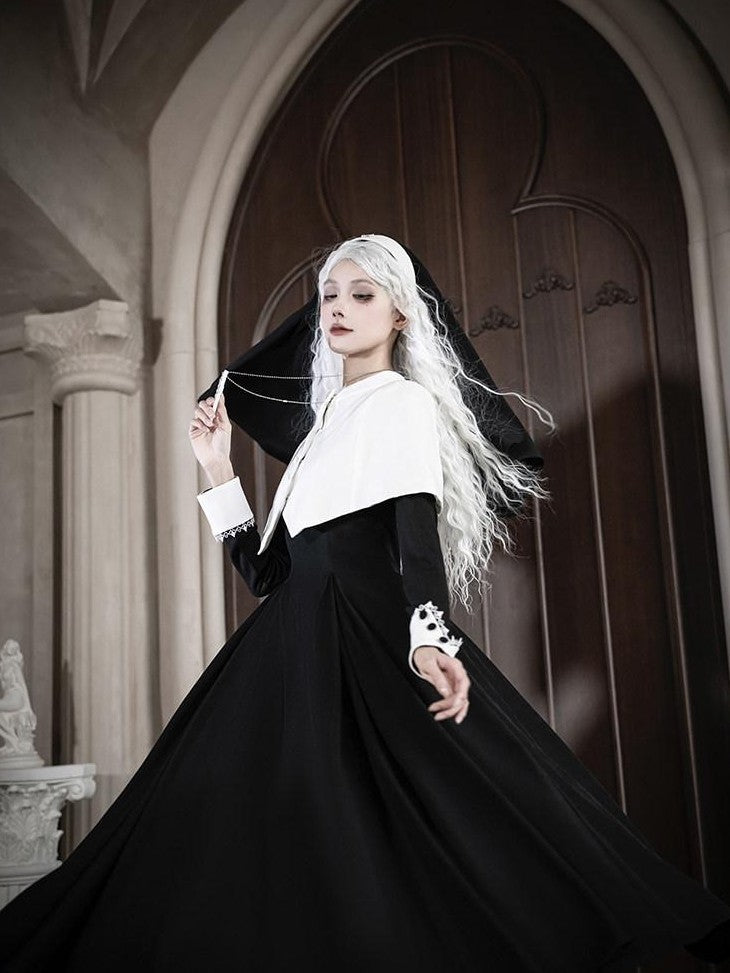 With PUJI Black And White Nun Style Lolita Seven Panel Flared Women's Long Sleeve Op