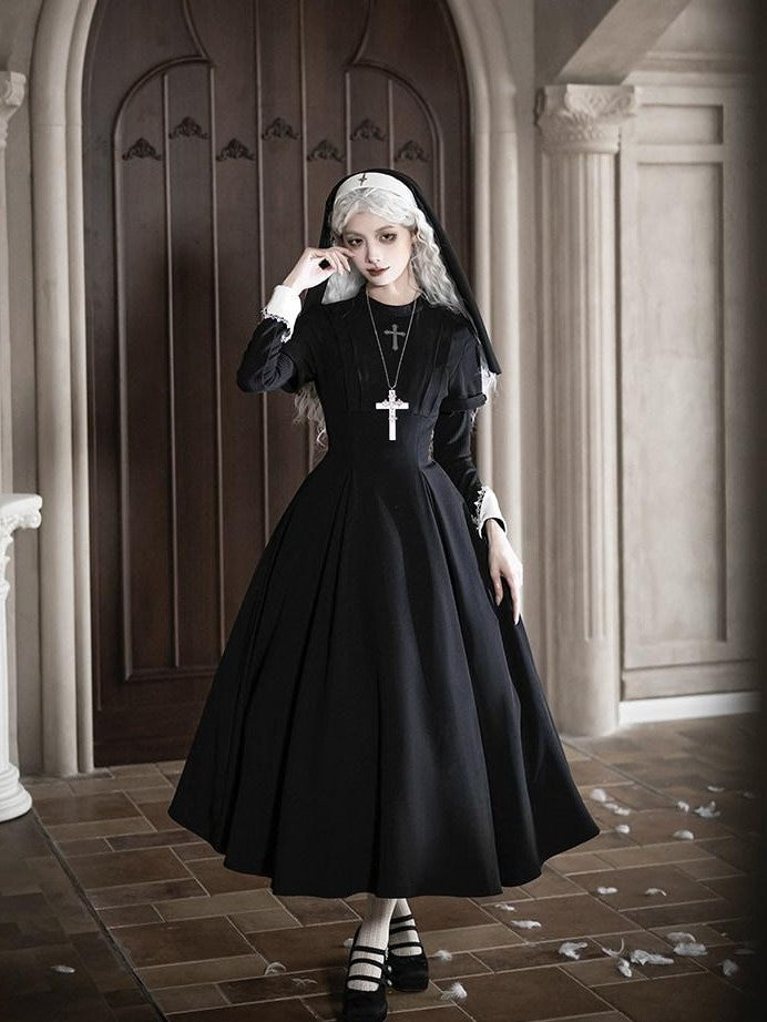 With PUJI Black And White Nun Style Lolita Seven Panel Flared Women's Long Sleeve Op