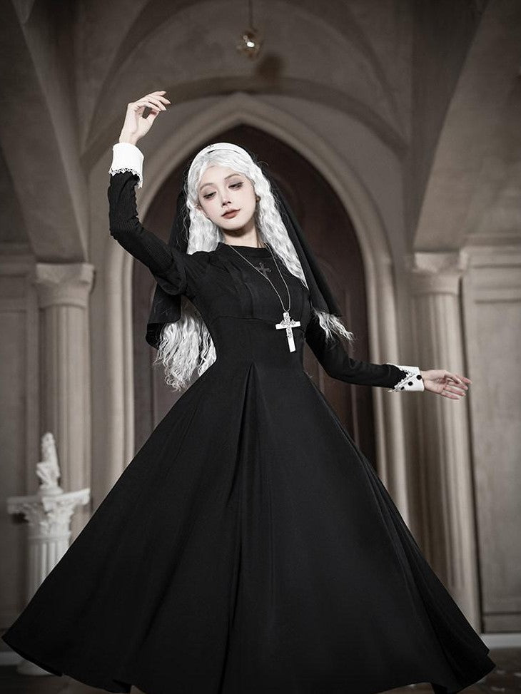 With PUJI Black And White Nun Style Lolita Seven Panel Flared Women's Long Sleeve Op