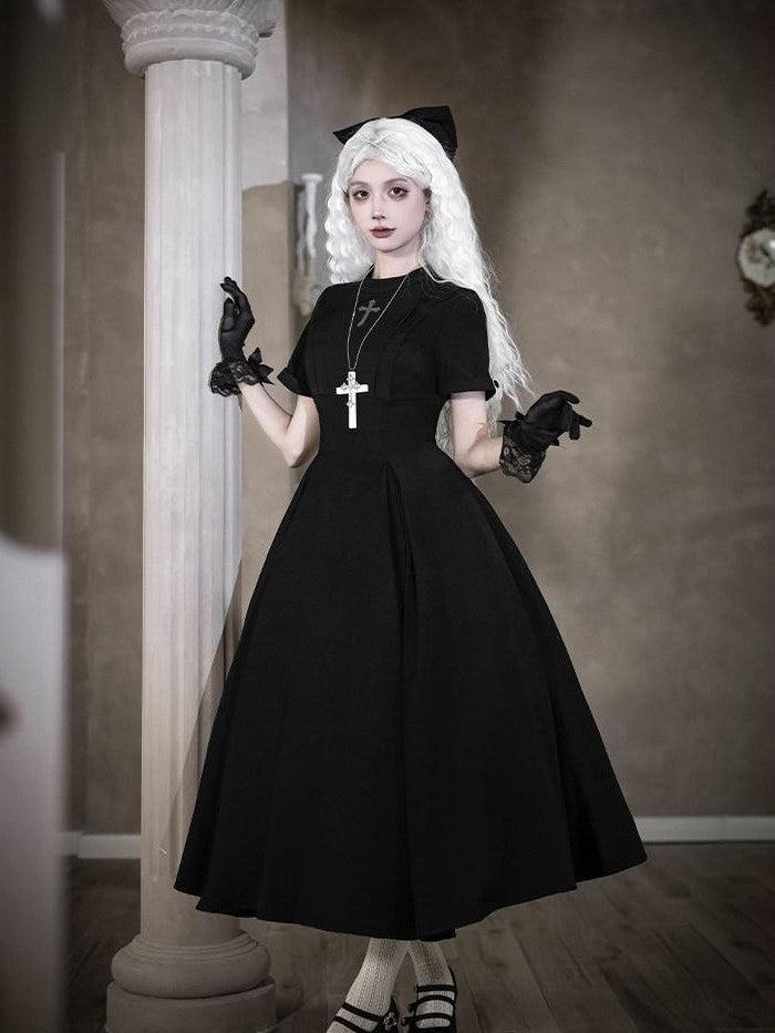 With PUJI Black And White Nun Style Lolita Seven Panel Flared Women's Long Sleeve Op